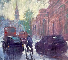 Traffic at Charing Cross Road - contemporary impressionism London oil painting