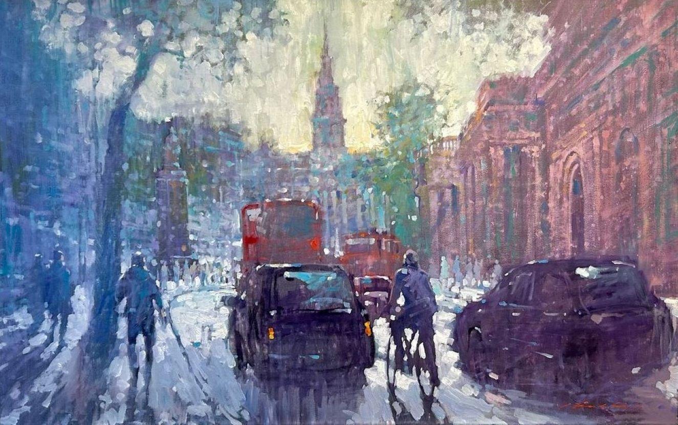 Landscape Painting de David Hinchliffe - Tráfico en Charing Cross Road - impresionismo contemporáneo Londres pintura al óleo
