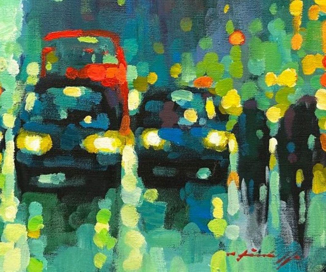 Tráfico en Whitehall - impresionismo contemporáneo Londres pintura al óleo - Painting de David Hinchliffe