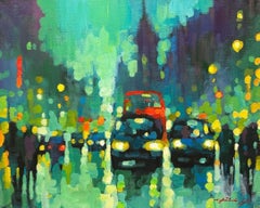 Traffic at Whitehall - peinture à l'huile impressionniste contemporaine de Londres