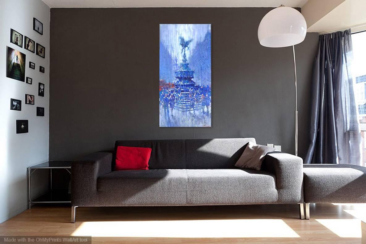 Bajo Eros, Piccadilly - paisaje urbano londinense azul impresionista óleo sobre lienzo - Painting de David Hinchliffe