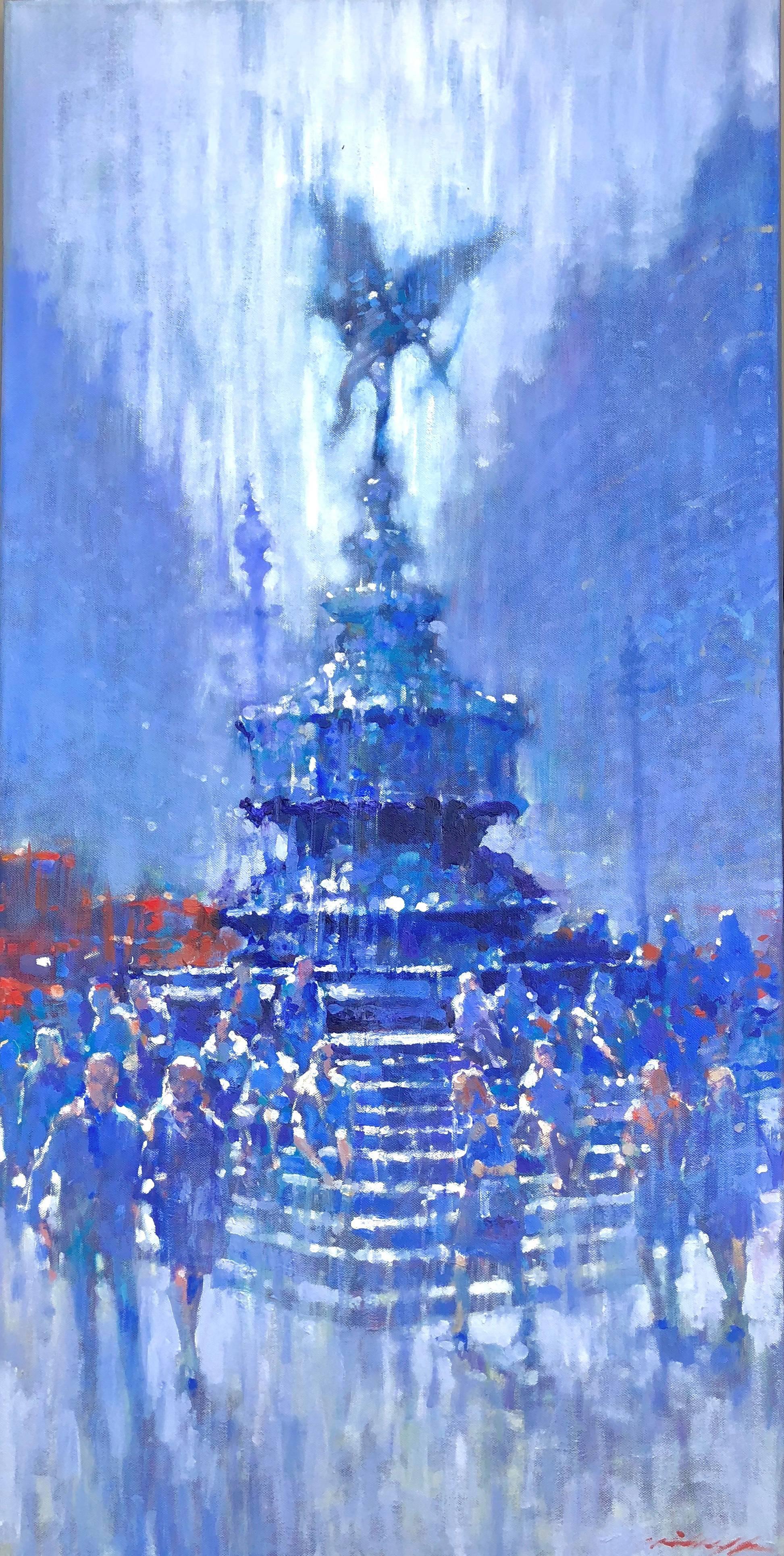 Landscape Painting de David Hinchliffe - Bajo Eros, Piccadilly - paisaje urbano londinense azul impresionista óleo sobre lienzo
