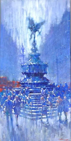 Under Eros, Piccadilly - paysage urbain londonien impressionniste bleu, huile sur toile