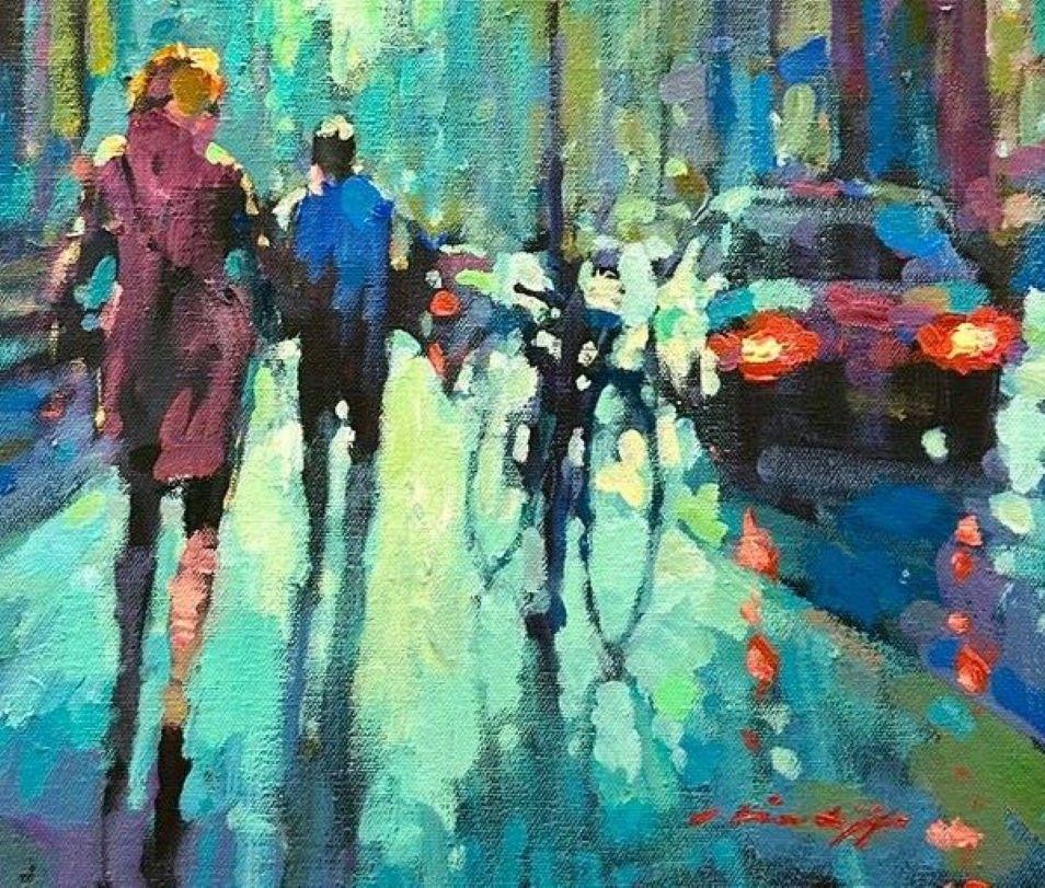 Walking Down the Strand - pintura al óleo impresionismo contemporáneo Londres - Painting de David Hinchliffe