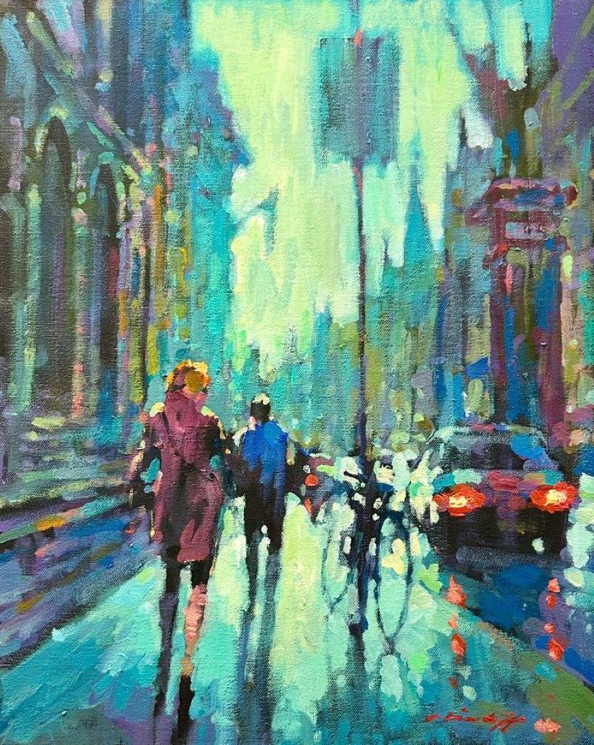 Figurative Painting de David Hinchliffe - Walking Down the Strand - pintura al óleo impresionismo contemporáneo Londres