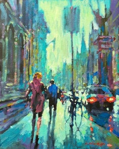 Walking Down the Strand - peinture à l'huile impressionniste contemporaine de Londres