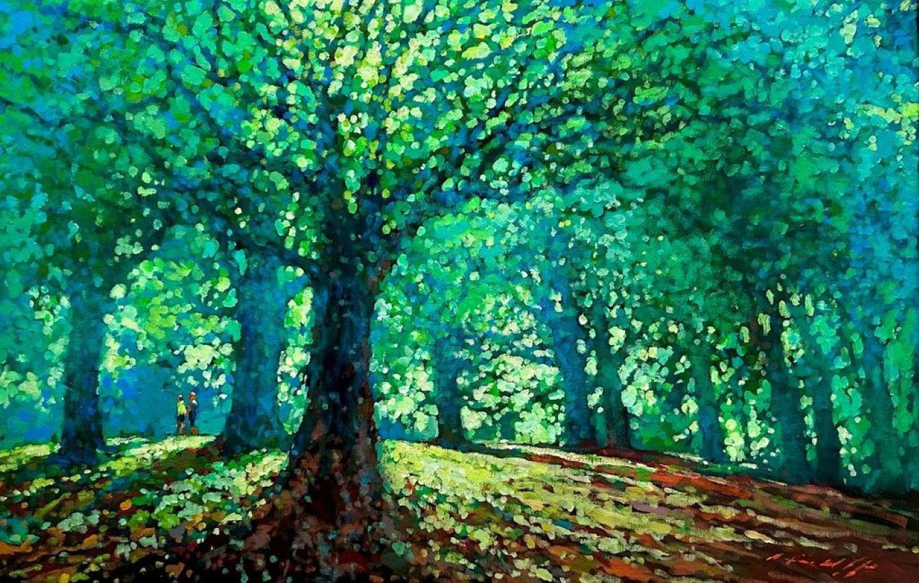 Landscape Painting de David Hinchliffe - Caminando por Hampstead Heath - pintura al óleo impresionismo contemporáneo Londres