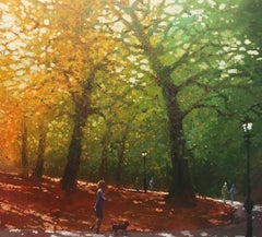 Walking the Dog, Central Park - Everyday Life in New York: Oil Paint on Canvas