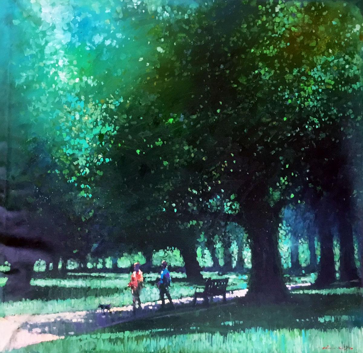 David Hinchliffe Landscape Painting – Walking the Dog - Zeitgenössische britische Sommerzeit / Ölgemälde auf Leinwand