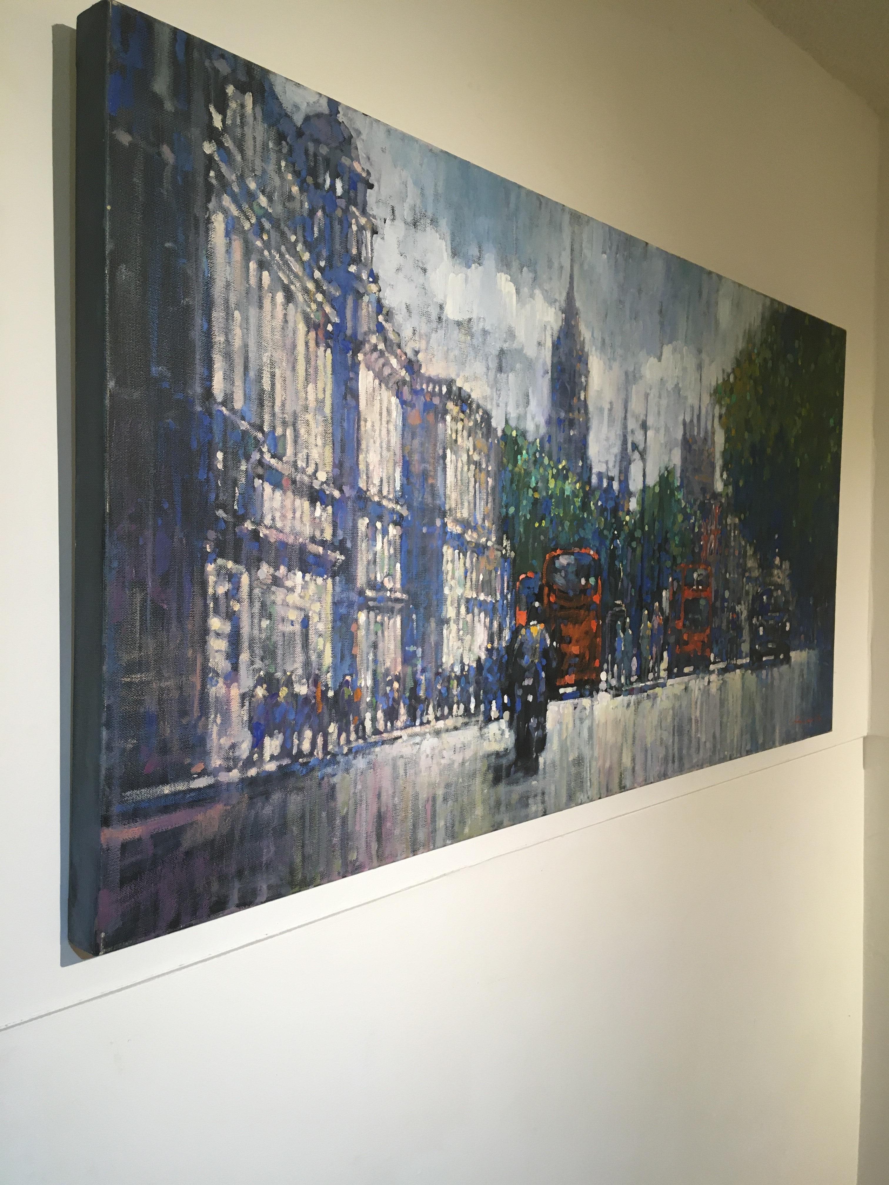 Whitehall de día - impresionismo contemporáneo Paisaje urbano londinense tráfico pianting - Painting Contemporáneo de David Hinchliffe