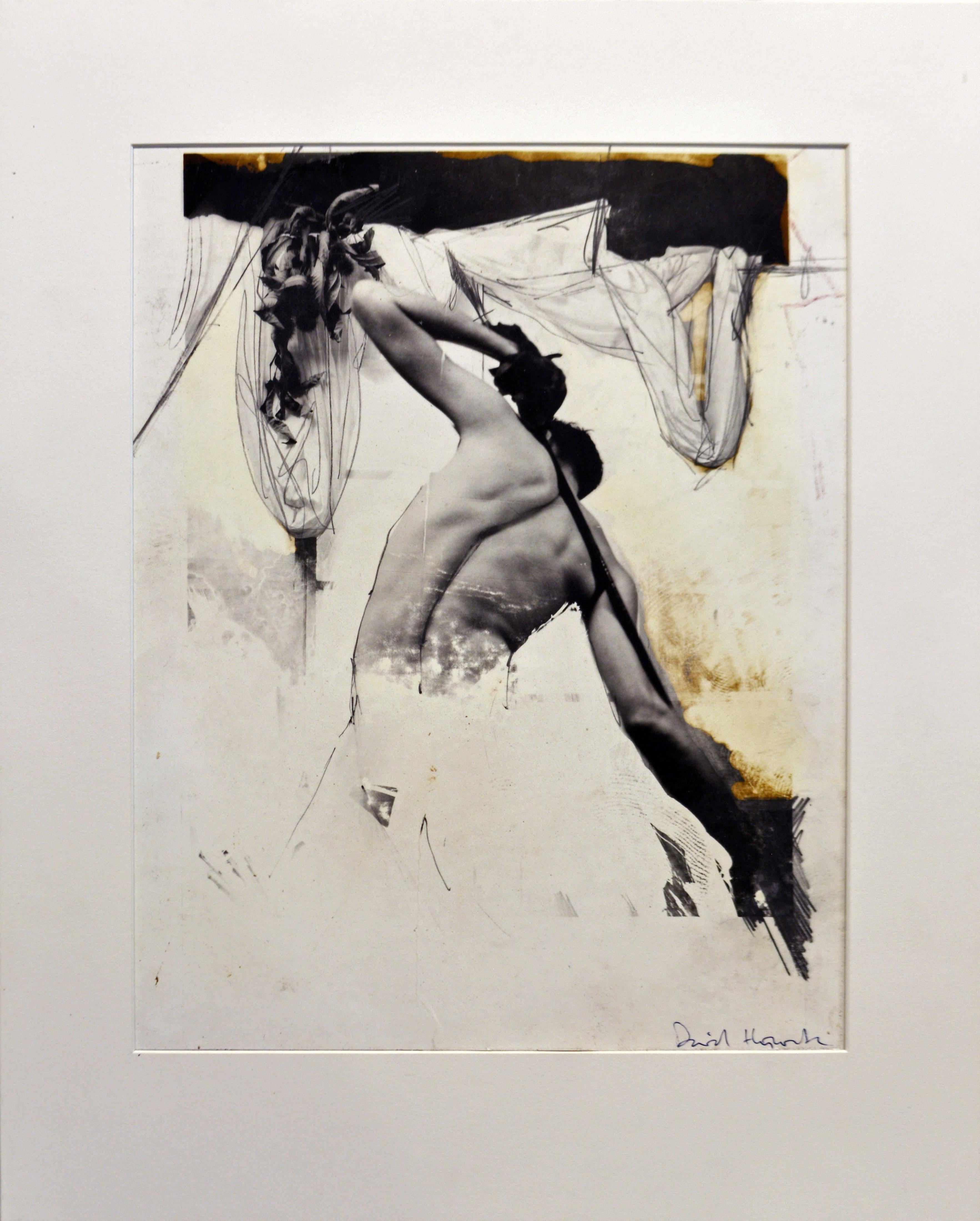 David Hiscock (British b. 1956)
'Photographic Male Nude Composition' 
Photographic and mixed media print with applied handwork.
Mounted on gray cardboard and matted. Signed recto and inscribed verso on cardboard.
Image: 11.6 x 14.75 in / 29 x 37