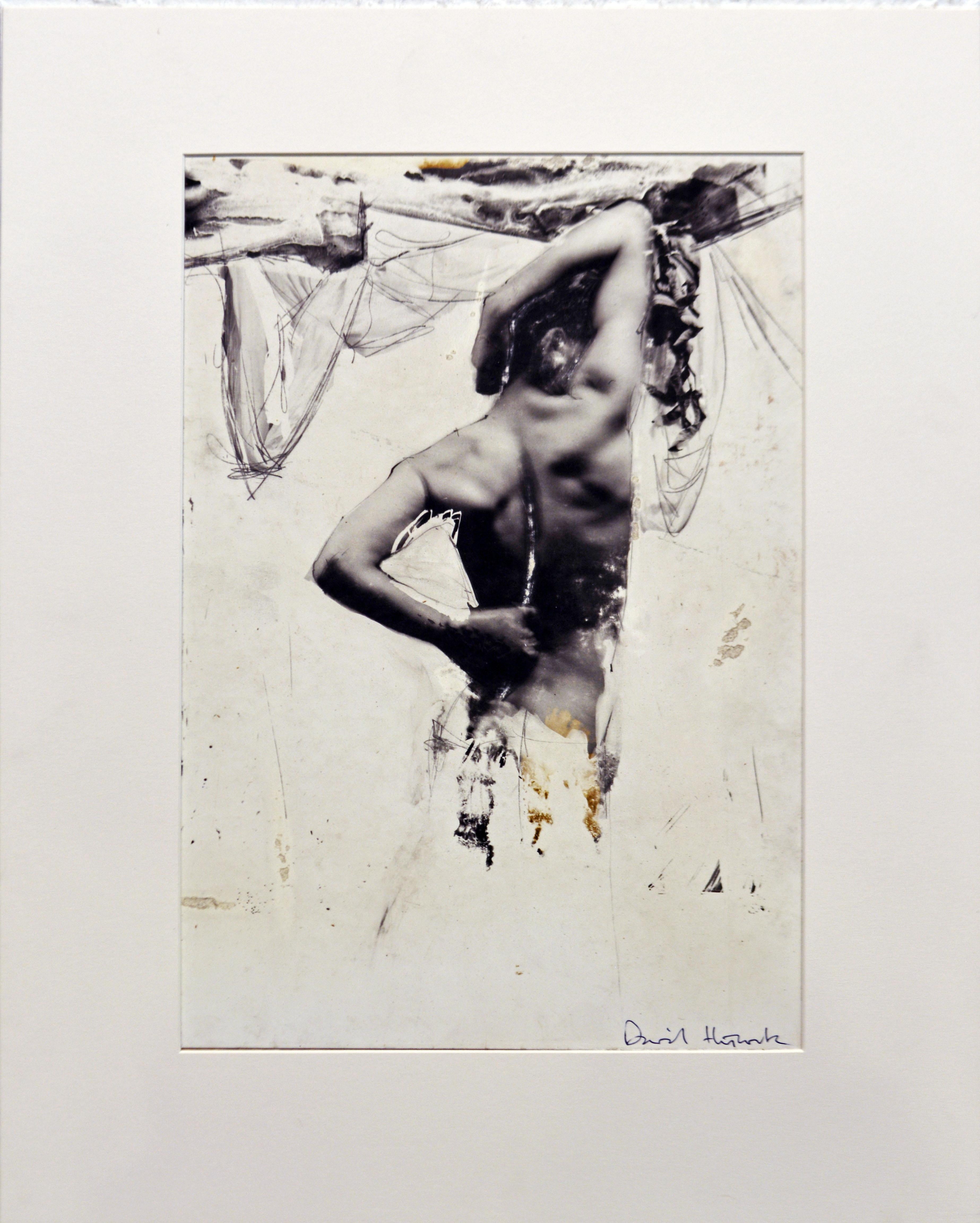 David Hiscock (British b. 1956)
'Photographic Male Nude Composition' 
Photographic and mixed media print with applied handwork.
Mounted on gray cardboard and matted. Signed recto and inscribed verso on cardboard.
Image: 10 x 14.50 in / 26 x 37