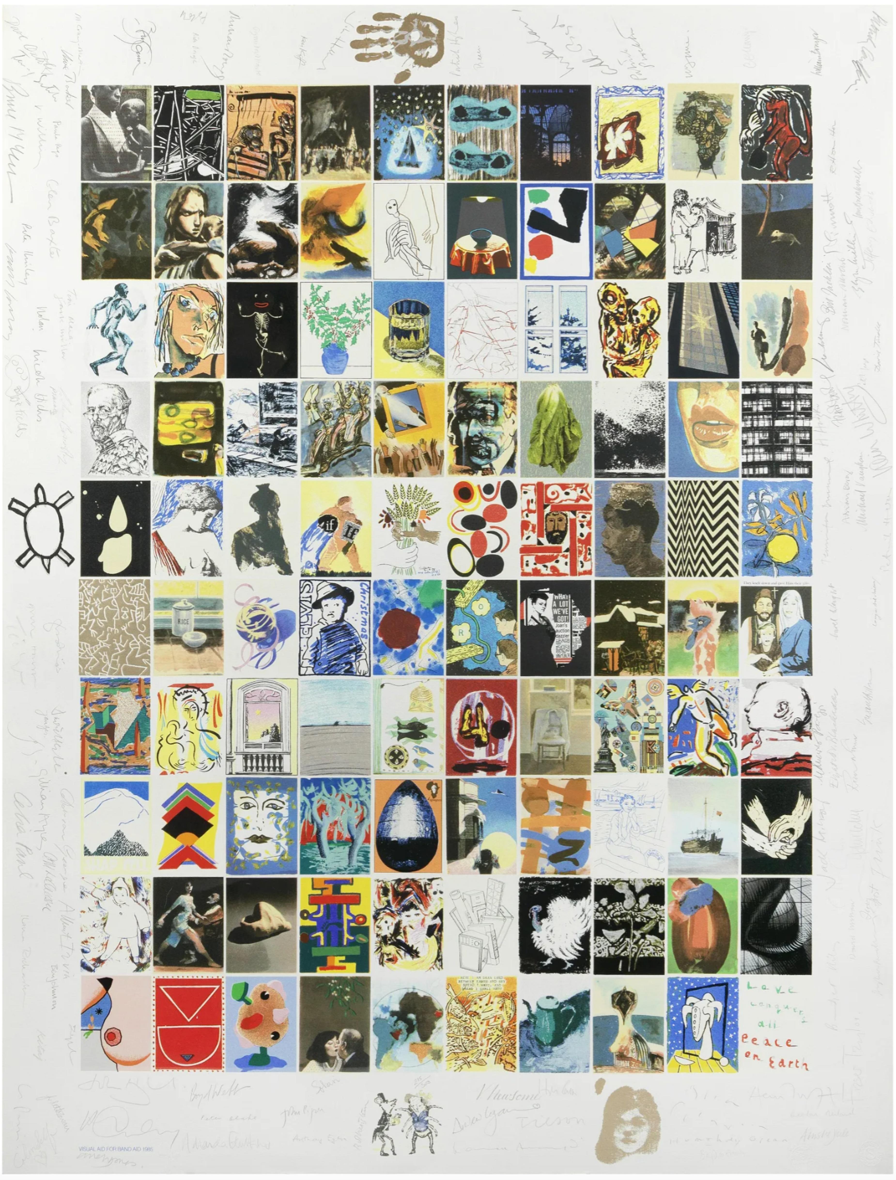 Visual Aid for Band Aid, Druck, entworfen und von 104 renommierten Künstlern von Hand signiert – Print von David Hockney, Bridget Riley, Joe Tilson, Howard Hodgkin, Peter Blake + 99 artists