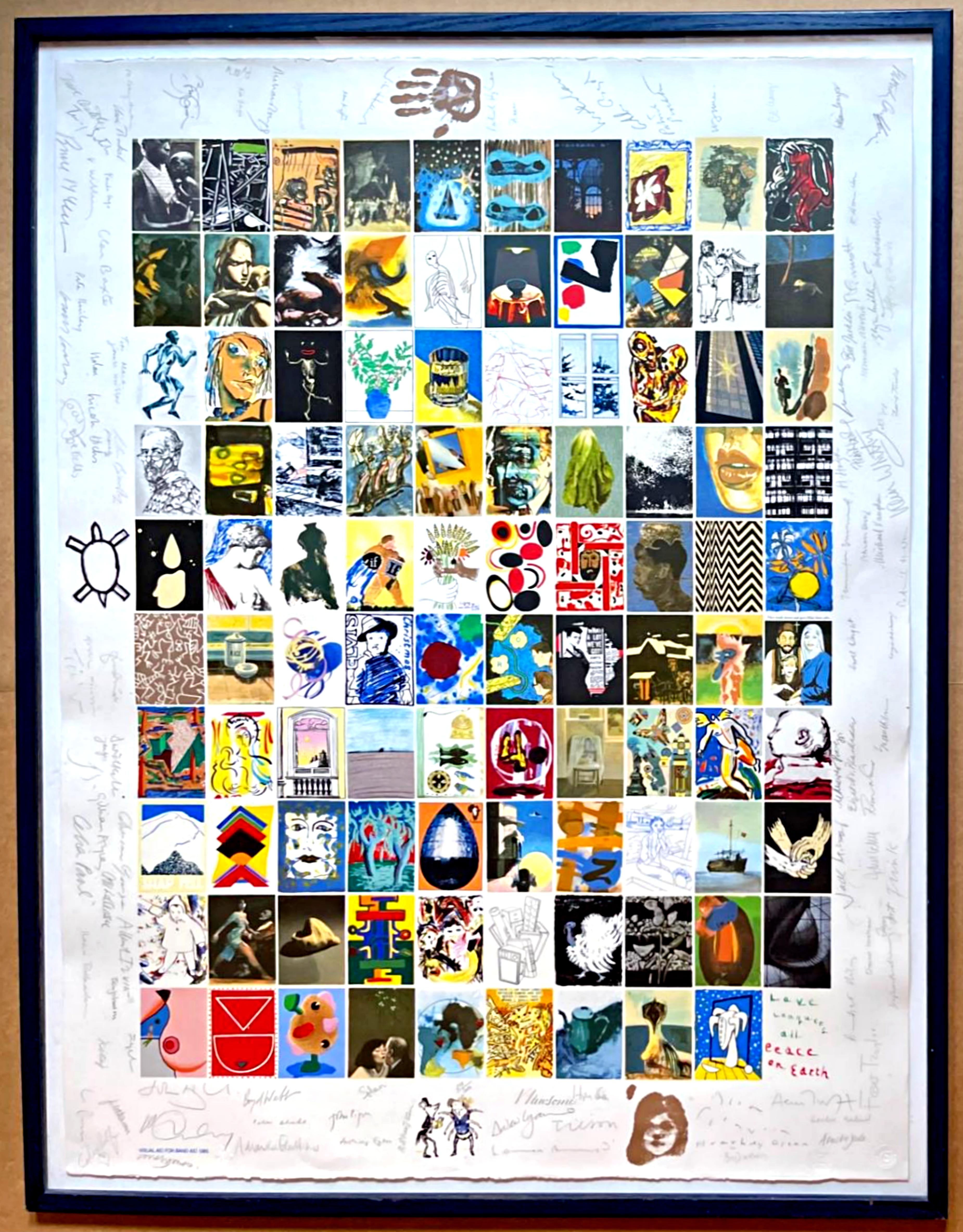 David Hockney, Bridget Riley, Joe Tilson, Howard Hodgkin, Peter Blake + 99 artists Figurative Print – Visual Aid for Band Aid, Druck, entworfen und von 104 renommierten Künstlern von Hand signiert
