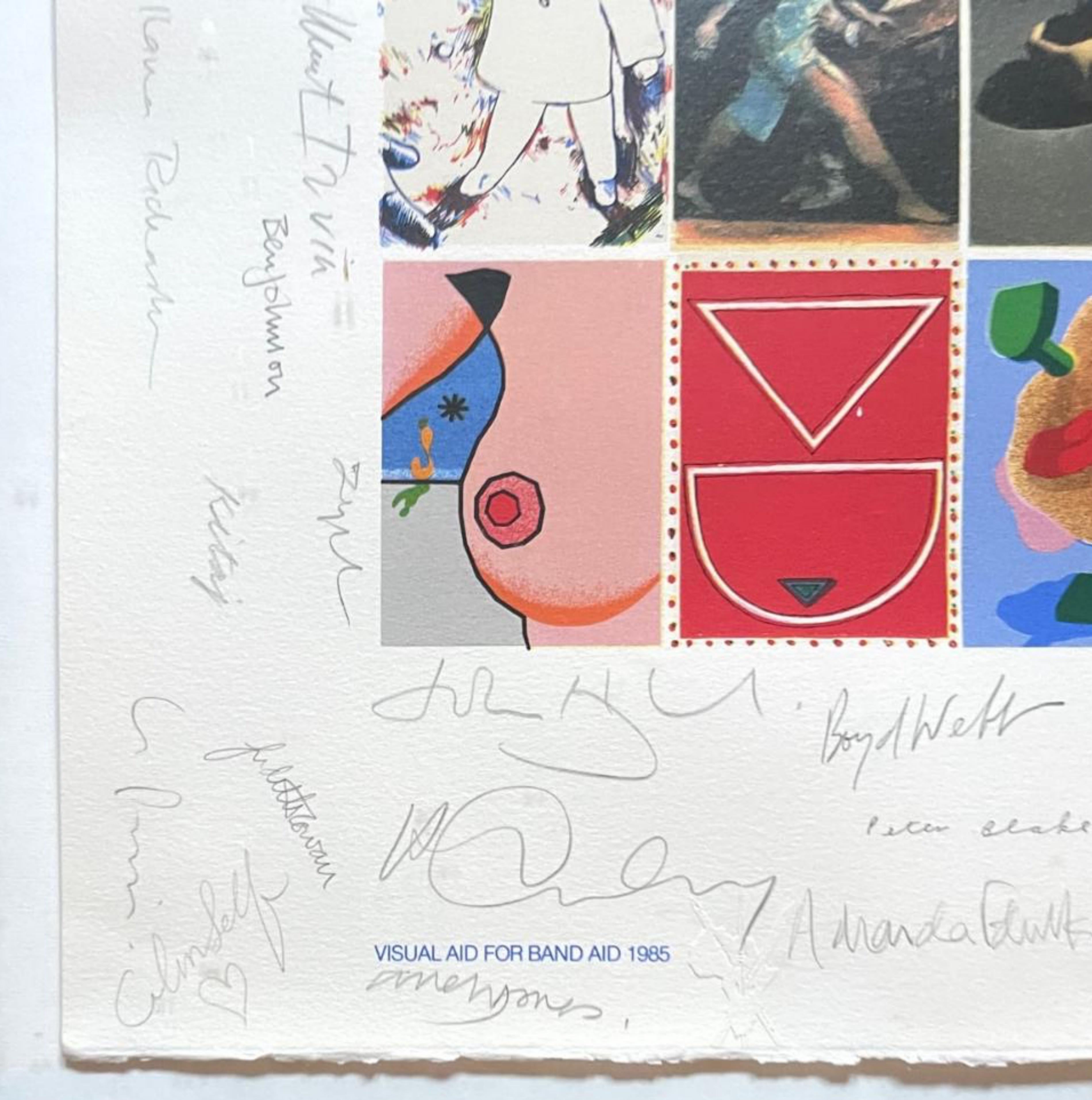 David Hockney, Bridget Riley, Joe Tilson, Howard Hodgkin, Peter Blake + 99 artists
Visual Aid for Band Aid - designed, and HAND SIGNED and annotated by 104 renowned artists, with official signed COA, 1985
Large olor silkscreen on velin Arches 300