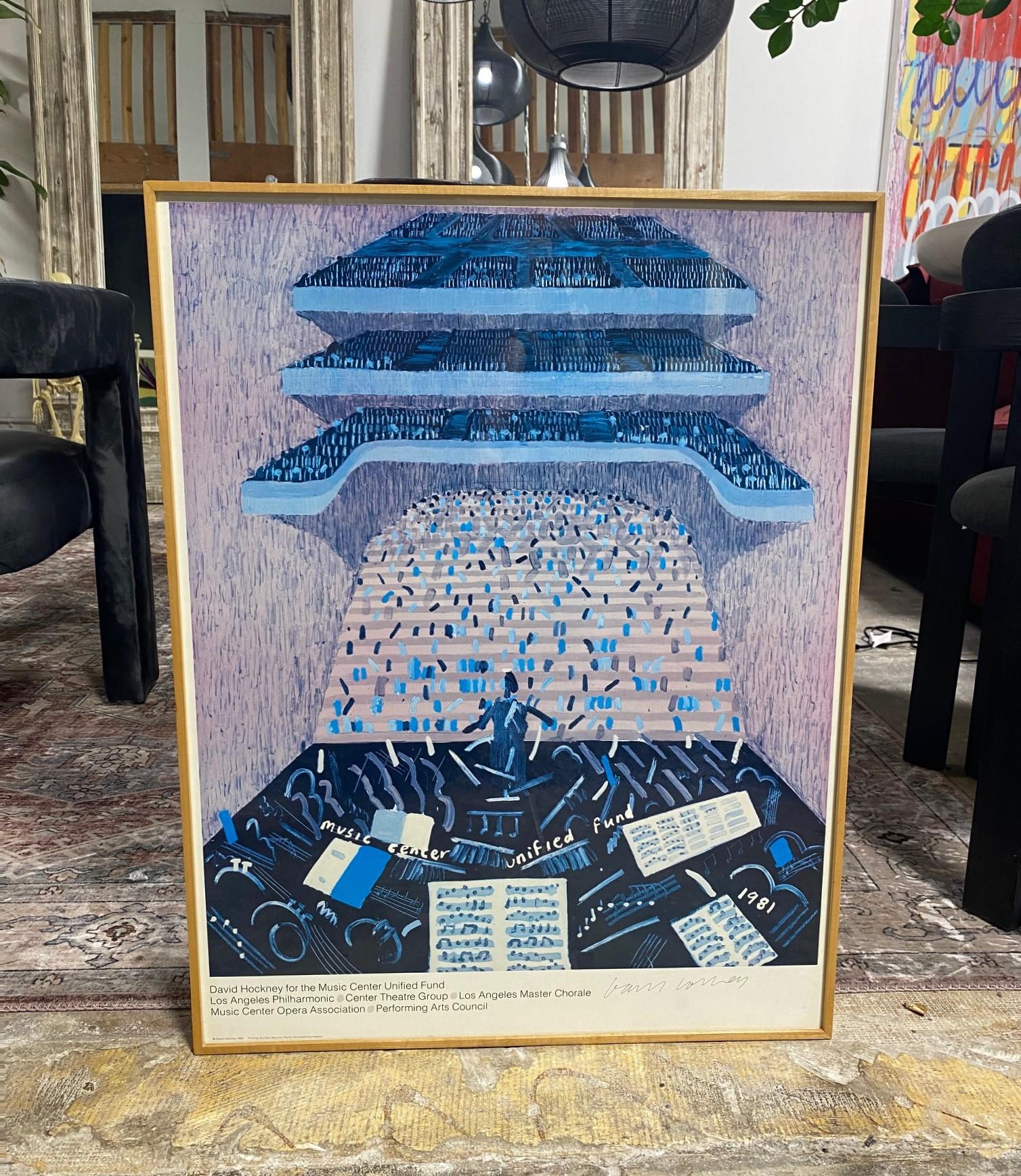 A wonderful color offset lithograph poster created by British/ English artist David Hockney for the Los Angeles Music Center Fund in 1981. 

The piece is hand signed by Hockney in the lower right margin. It has been professionally framed by Los