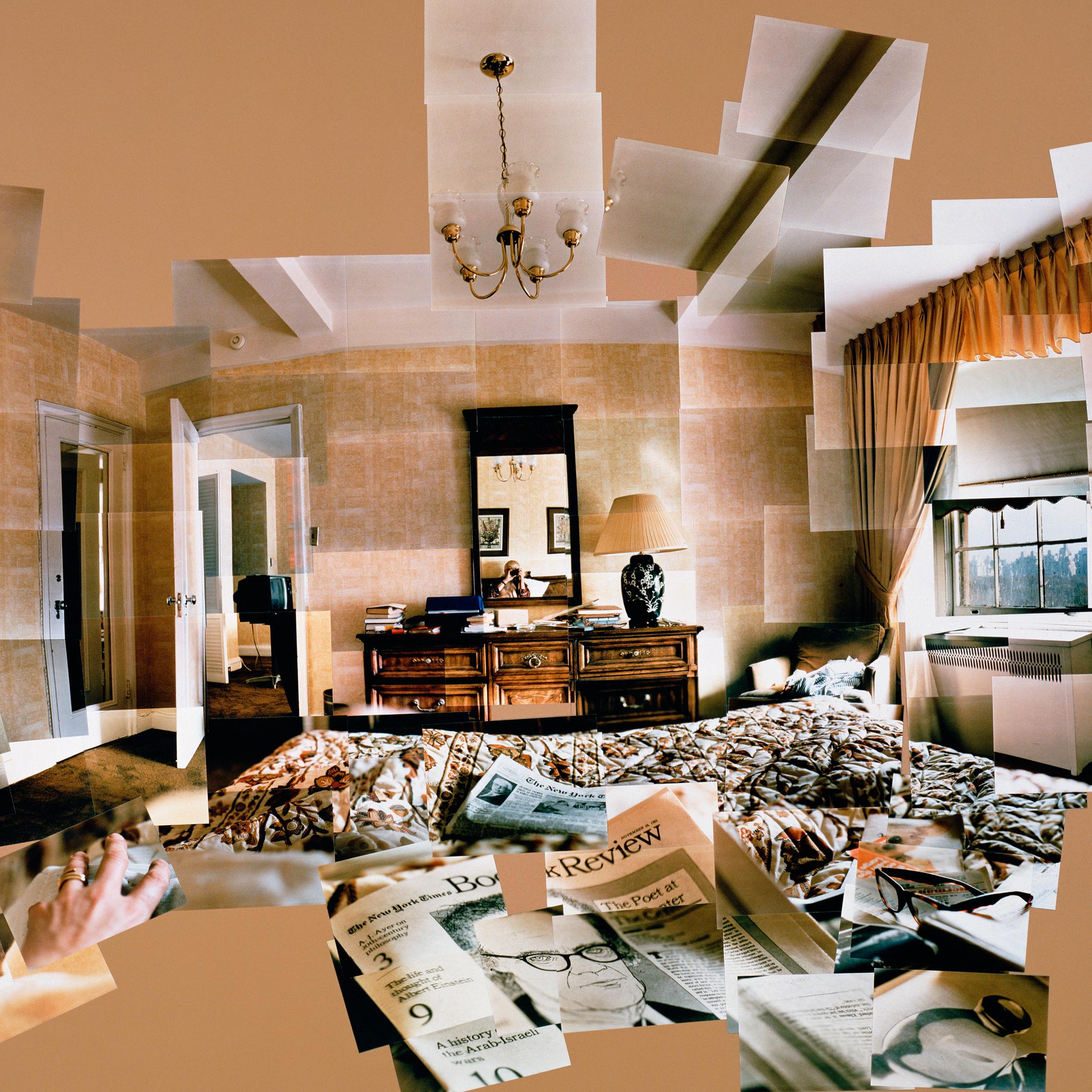 This Hockney photographic collage depicts the artist in his suite at the Mayflower Hotel while preparing designs for the sets and costumes of a French Triple Bill of opera and ballet at Lincoln Center, New York. Decorated in earth tones and shades