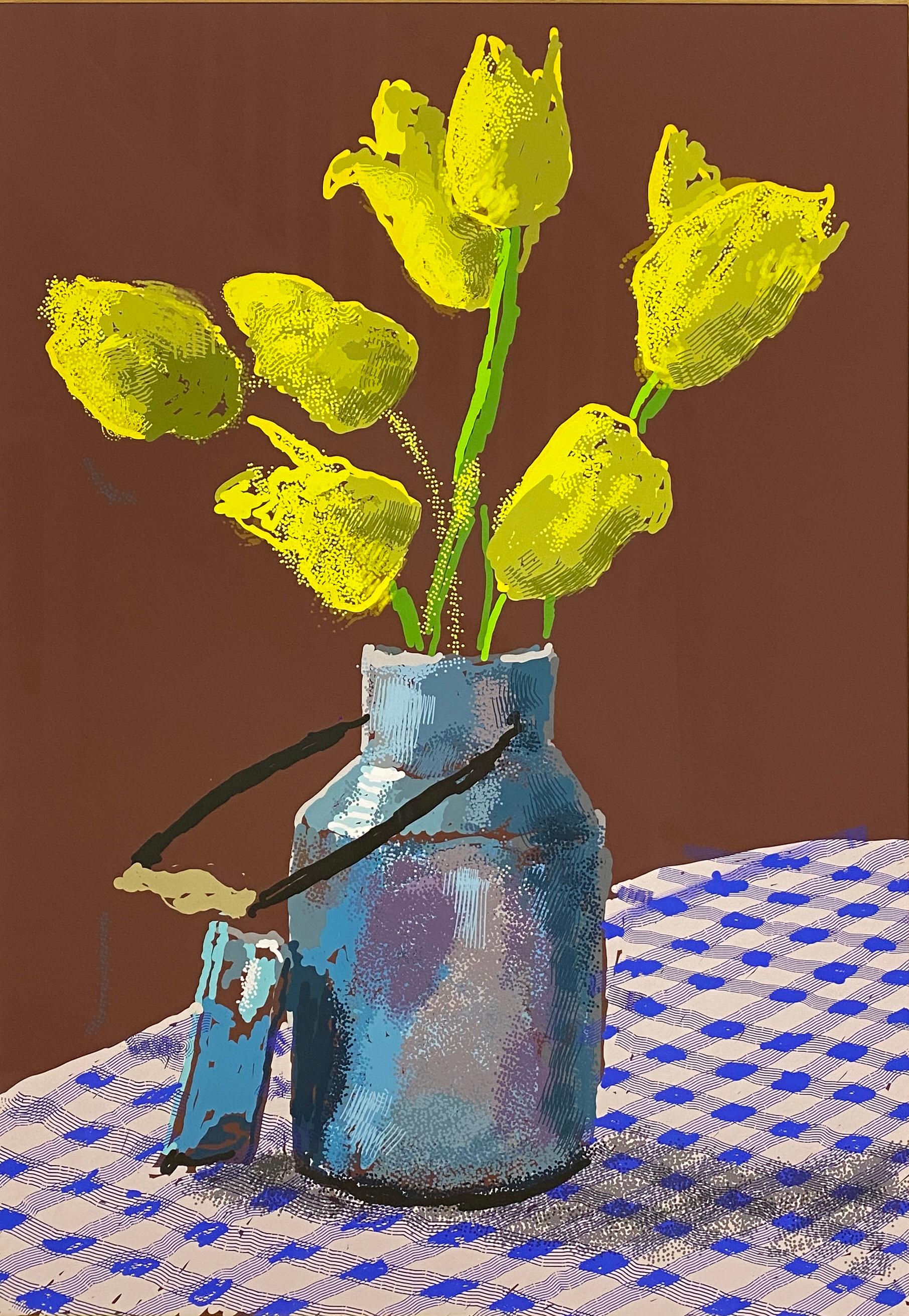 21 April 2021, Yellow Flowers in a Small Milk Churn