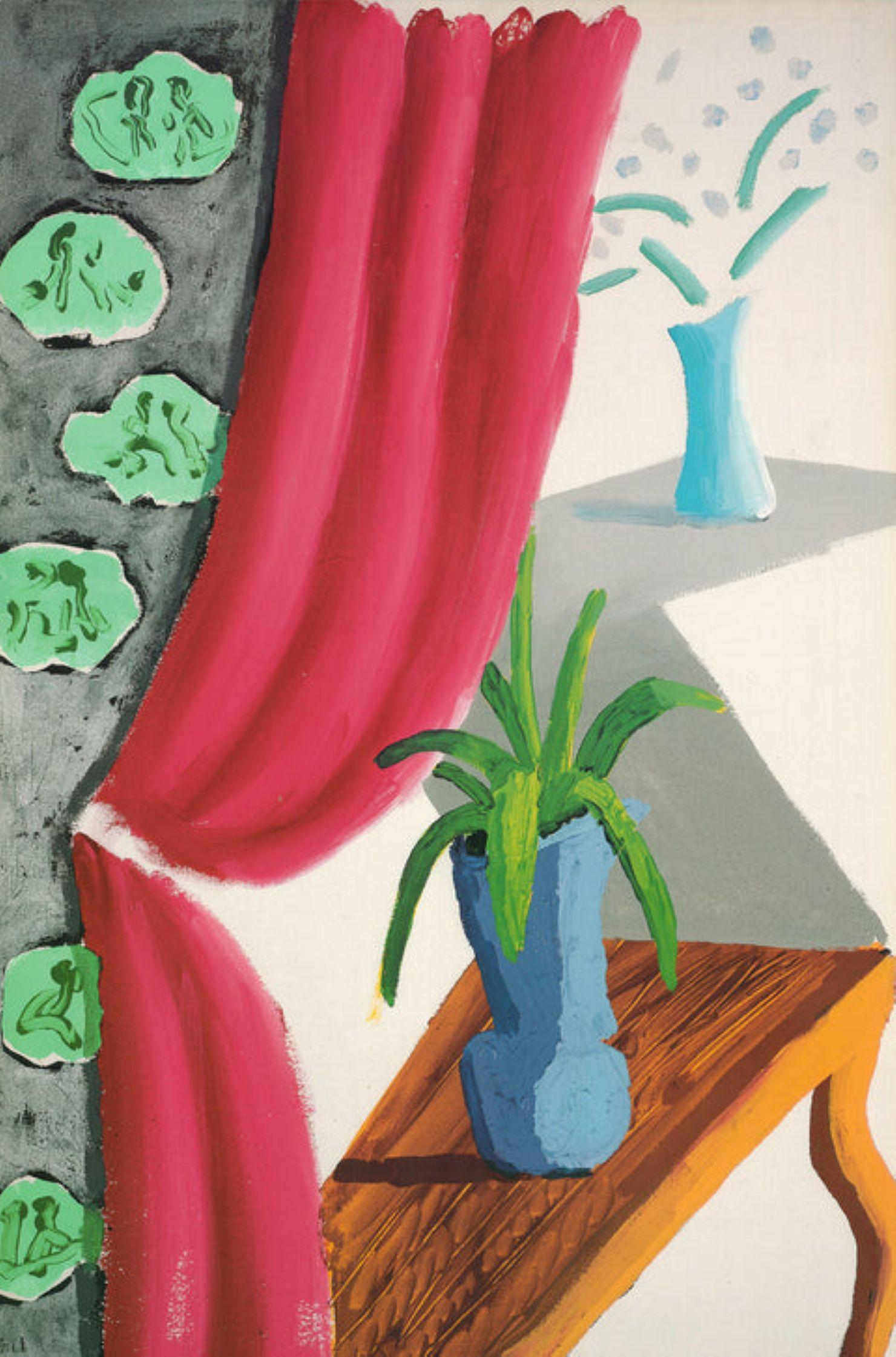 Stilleben mit magentafarbenem Vorhang von David Hockney im Angebot 2