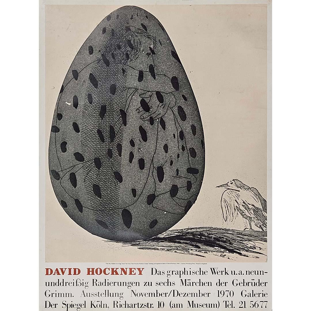 1970 original exhibition poster by David Hockney, titled "The Boy Hidden in an Egg" offers a captivating glimpse into the artist's interpretation of the classic fairy tales by the Brothers Grimm. This poster served as a promotional piece for an