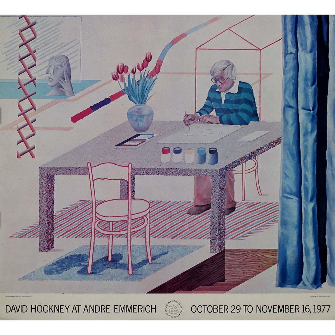 The original exhibition poster from 1977 featuring David Hockney's "Self Portrait with Blue Guitar" at the André Emmerich Gallery in New York is a captivating piece that encapsulates the essence of Hockney's artistic prowess and distinctive