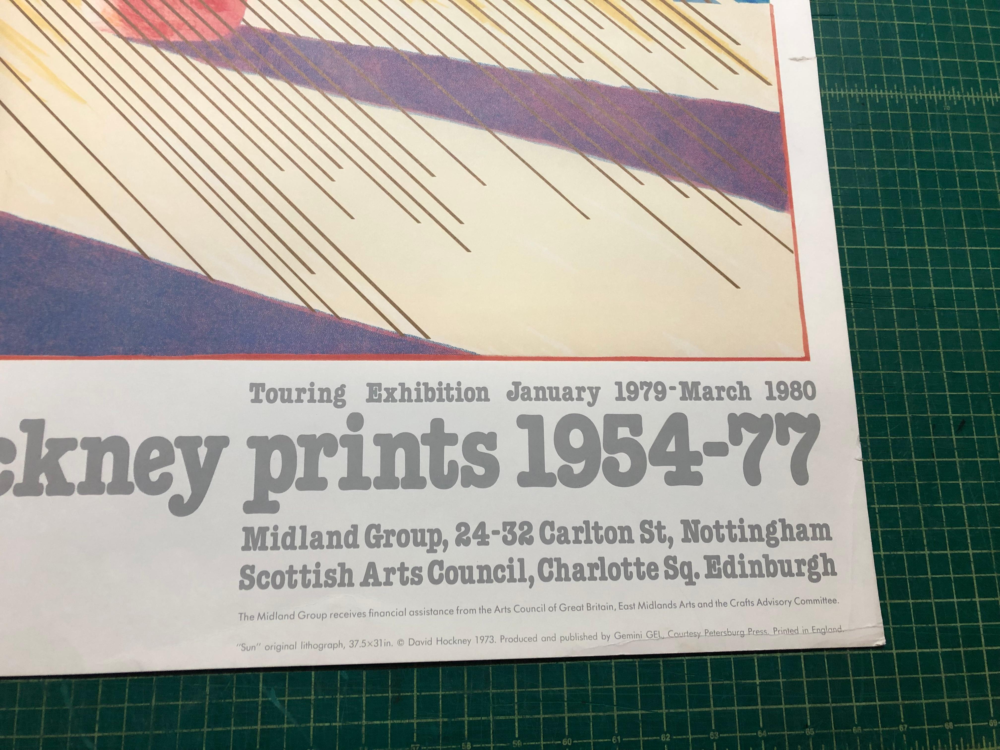 Paper Size: 37 x 24 inches ( 93.98 x 60.96 cm )
 Image Size: 37 x 24 inches ( 93.98 x 60.96 cm )
 Framed: No
 Condition: A-: Near Mint, very light signs of handling
 
 Additional Details: Exhibition Poster for David Hockney Prints 1954-77, Scottish