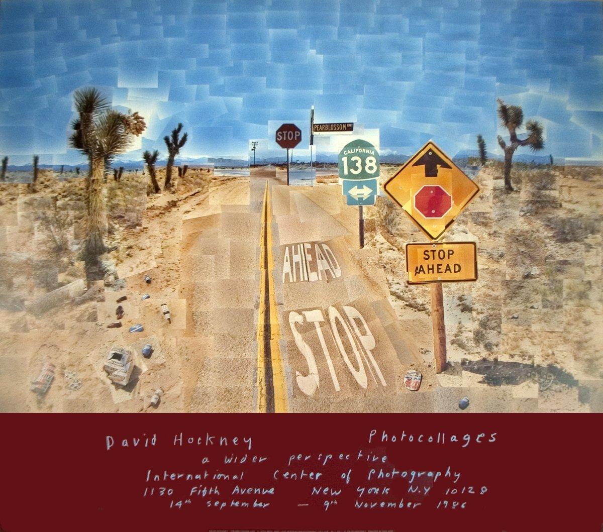 This 1986 poster was created by David Hockney for an exhibition held at the International Center of Photography in New York. The poster is a superb example of Hockney's photo-collages, featuring a segment of the famous California State Route 138. It
