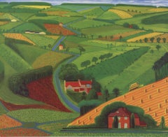 Vintage 1997 After David Hockney 'The Road Across the Wolds' Pop Art Green, Red, Brown 