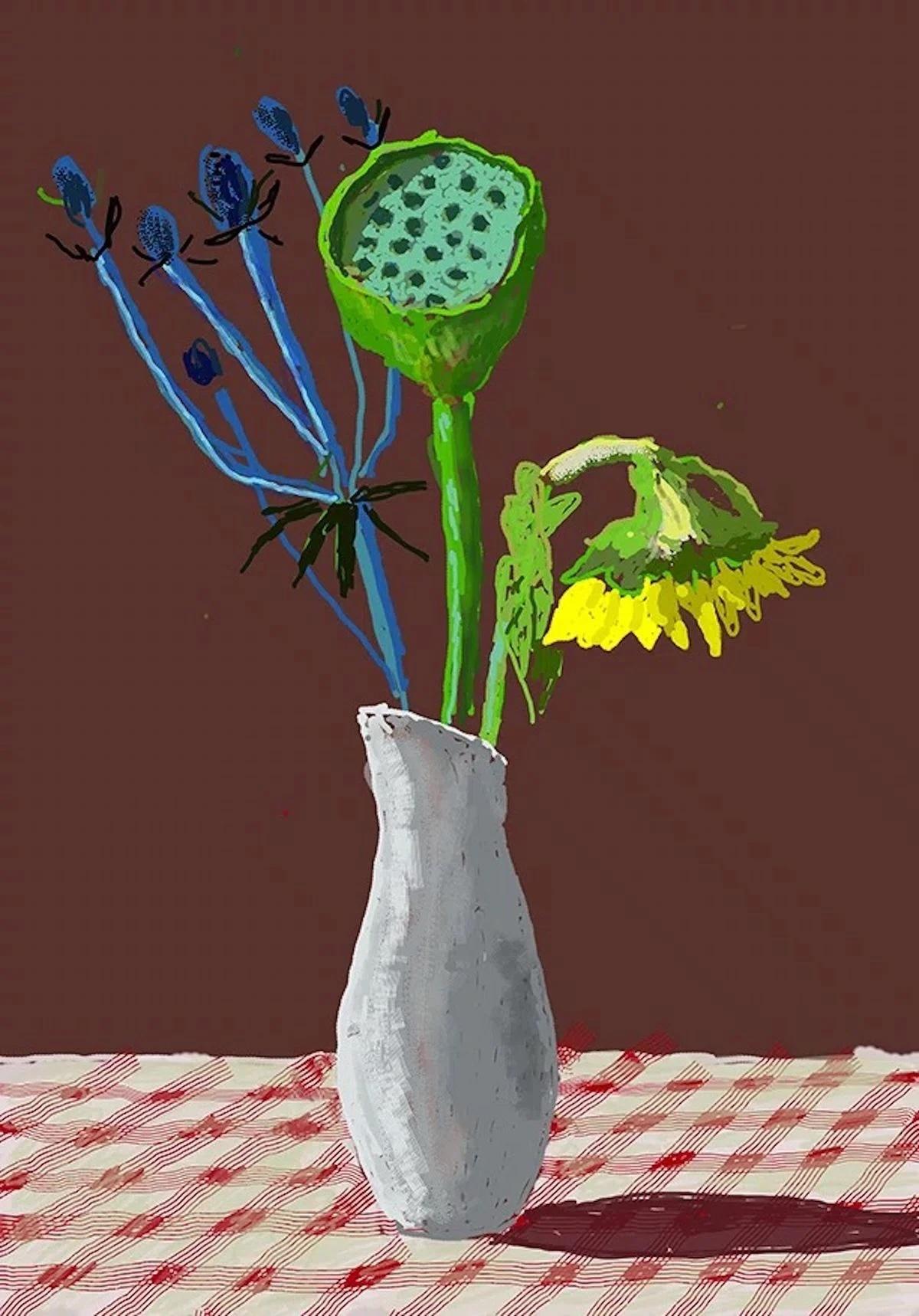 David Hockney Still-Life Print - 19th March 2021, Sunflower with Exotic Flower