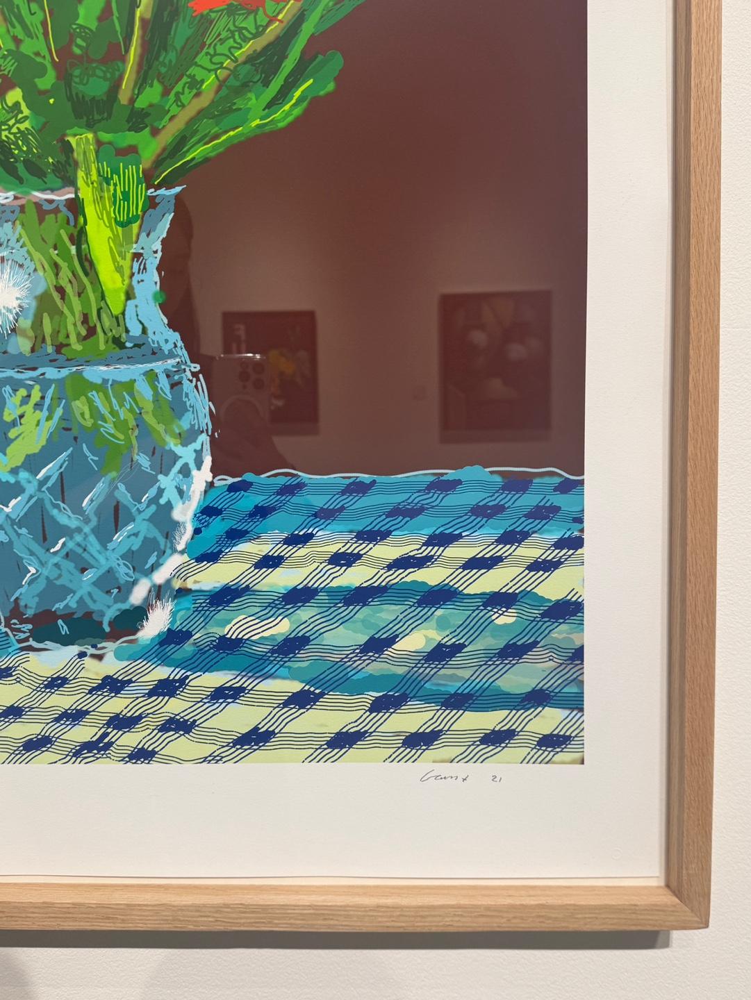 24th February 2021, Red, Yellow and Purple Flowers on a Blue Table - Contemporary Print by David Hockney
