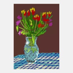 24th February 2021, Red, Yellow and Purple Flowers on a Blue Table