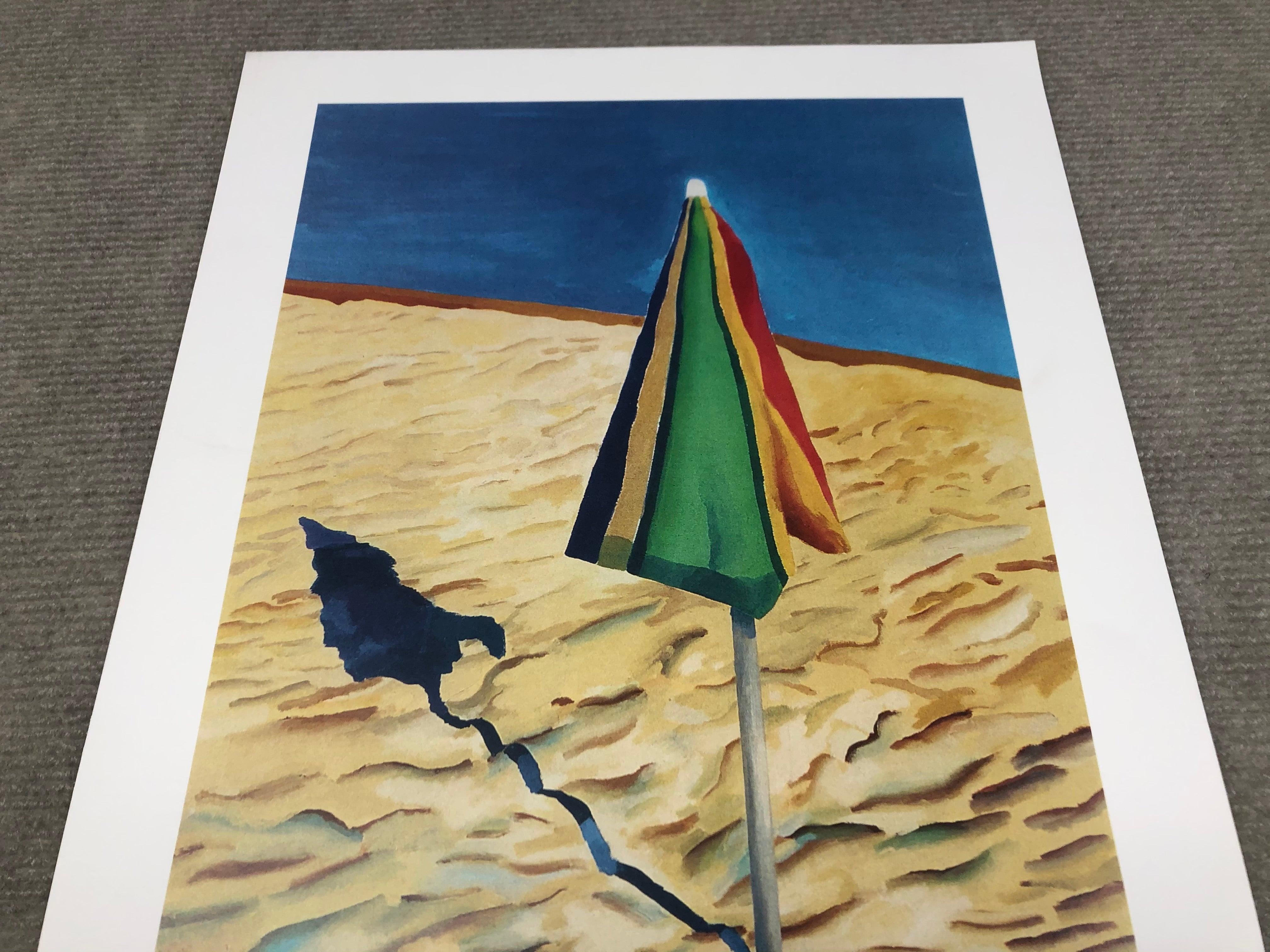This first edition poster, titled Beach Umbrella, was published by the Metropolitan Museum of Art and is copyrighted by David Hockney. The artwork captures Hockney's vibrant and dynamic style, featuring a bright and colorful beach scene centered
