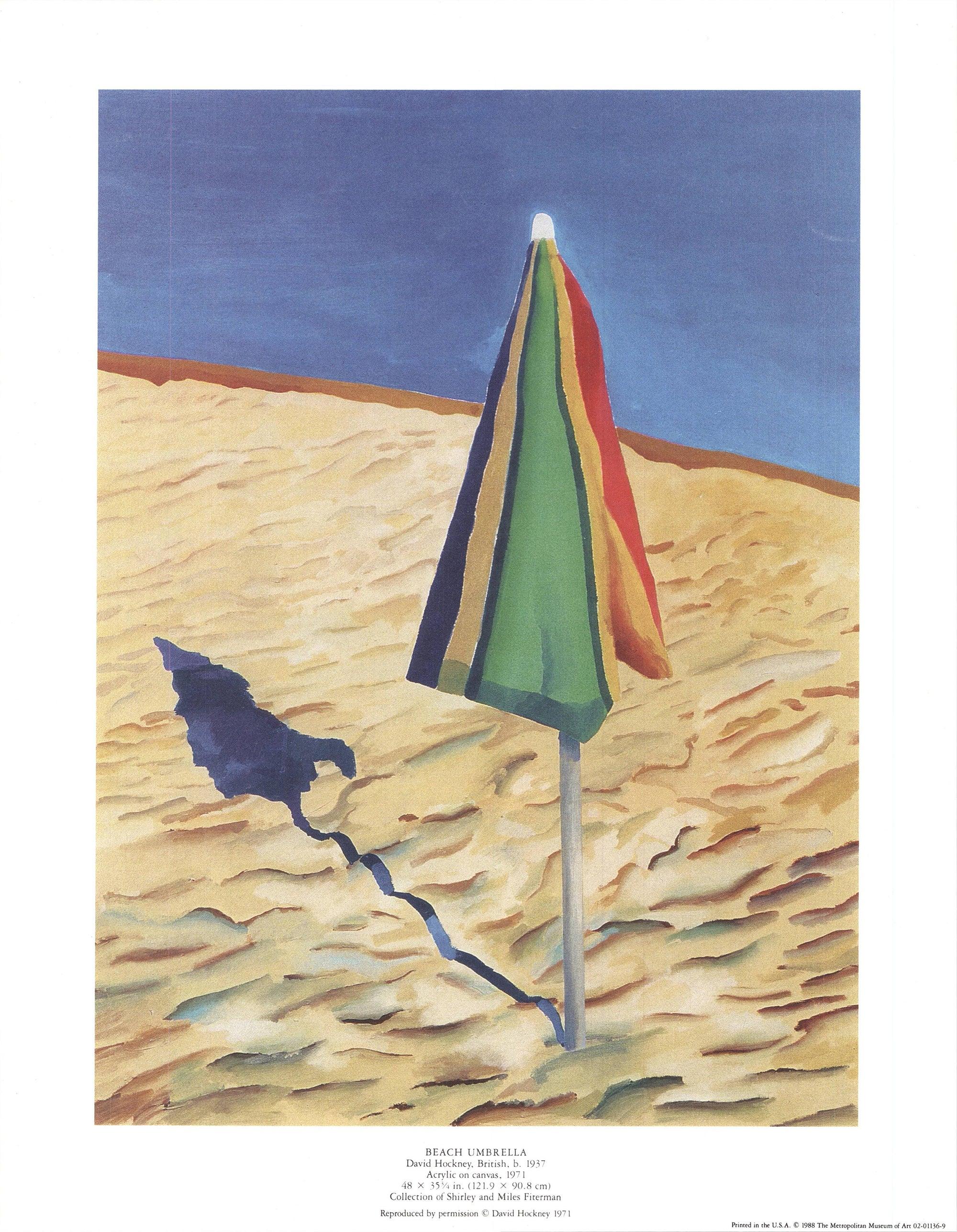 Dieses Plakat mit dem Titel Beach Umbrella wurde vom Metropolitan Museum of Art herausgegeben und unterliegt dem Copyright von David Hockney. Das Kunstwerk fängt Hockneys lebendigen und dynamischen Stil ein und zeigt eine helle und farbenfrohe