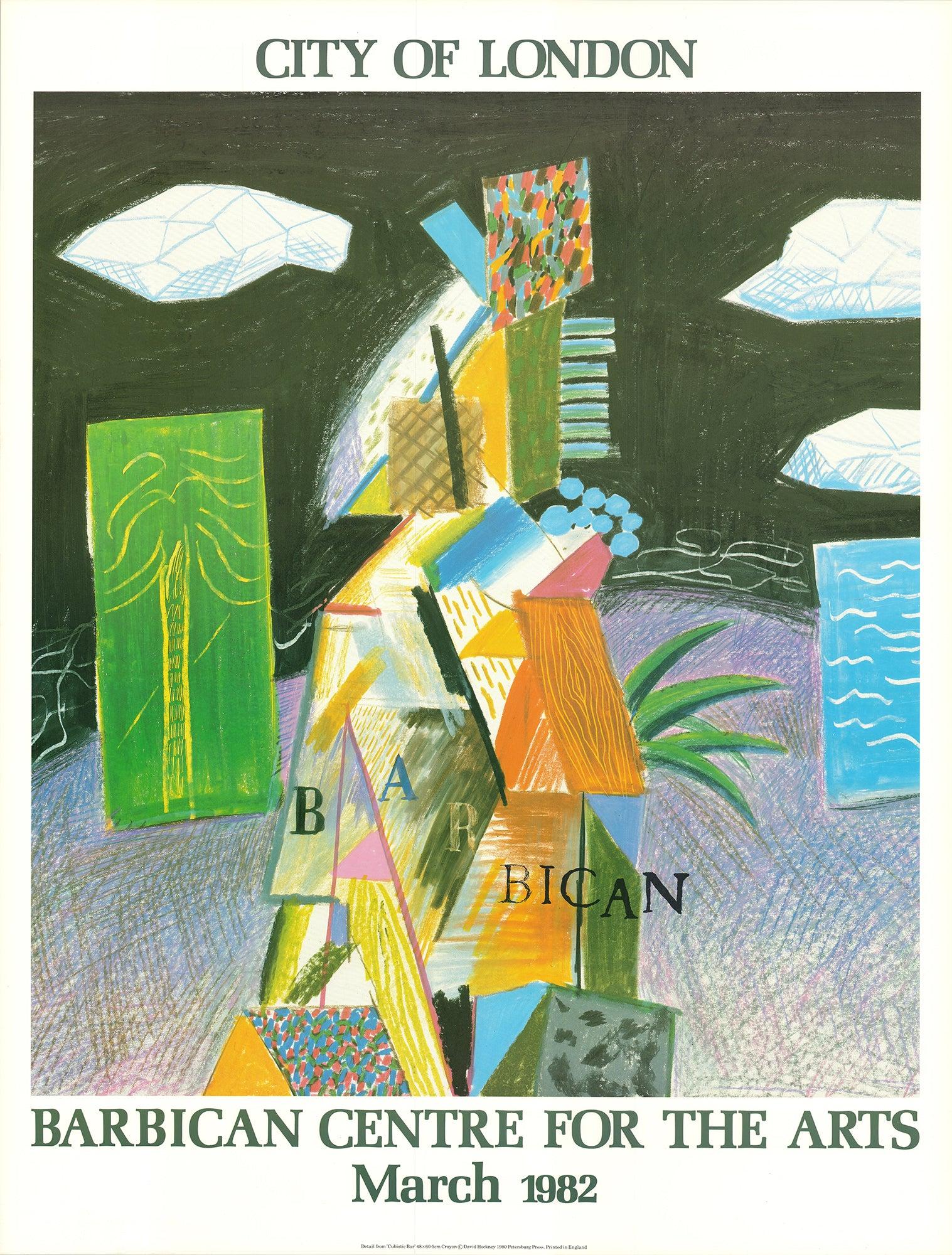 Questo poster di mostra, intitolato Detail from Cubistic Bar, è stato disegnato da David Hockney per una mostra del 1982 delle sue opere tenutasi al City of London Barbican Centre for the Arts. L'opera d'arte è citata come no. 79 nel catalogo di