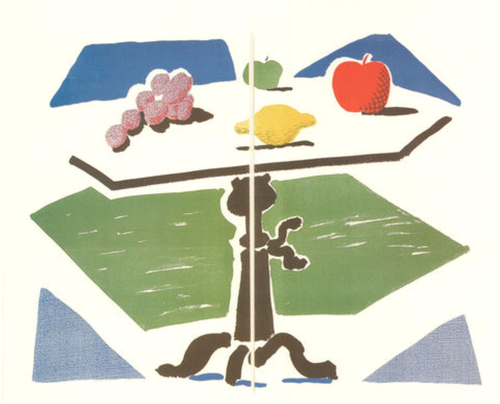 Pomme, raisin, citron sur une table par David Hockney en vente 2