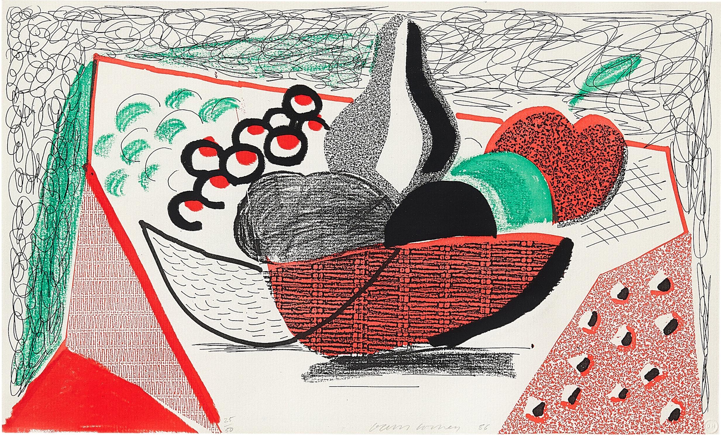 Apples, Pears & Grapes, May 1986
David Hockney

Homemade print in colours executed on an office colour copy machine on Arches rag paper
Signed, dated and numbered  25 from the edition of 50
There is a “DH” blindstamp.
Within the artist's designated