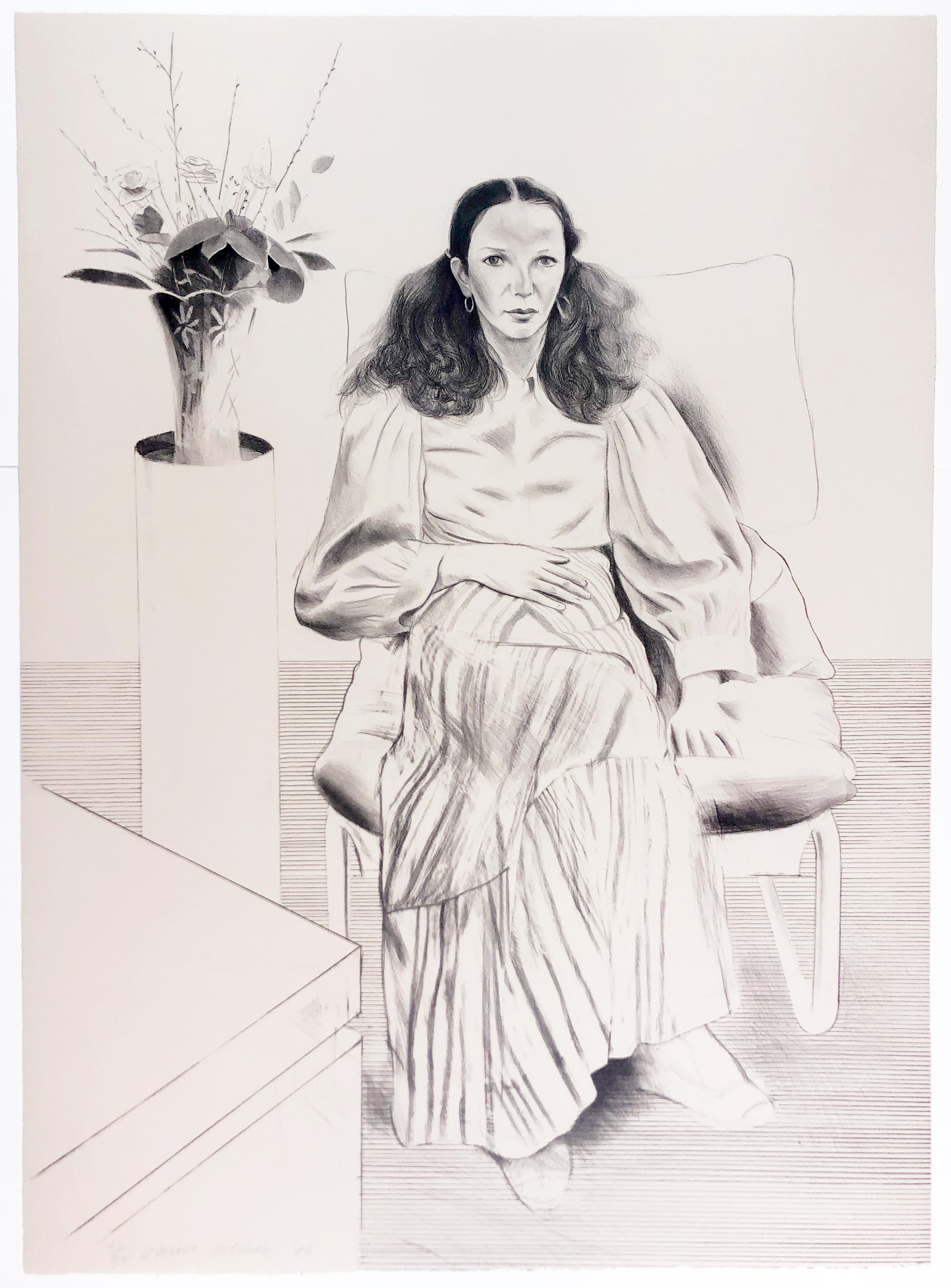 A classic David Hockney portrait, this lithograph depicts the artist's friend Brooke Hopper. Brooke Hopper, one of the Hollywood elite, is the daughter of the producer Leland Hayward and actress Margaret Sullavan, and at the time of this drawing was