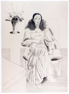 Retro Brooke Hopper David Hockney portrait drawing lithograph in black and white 