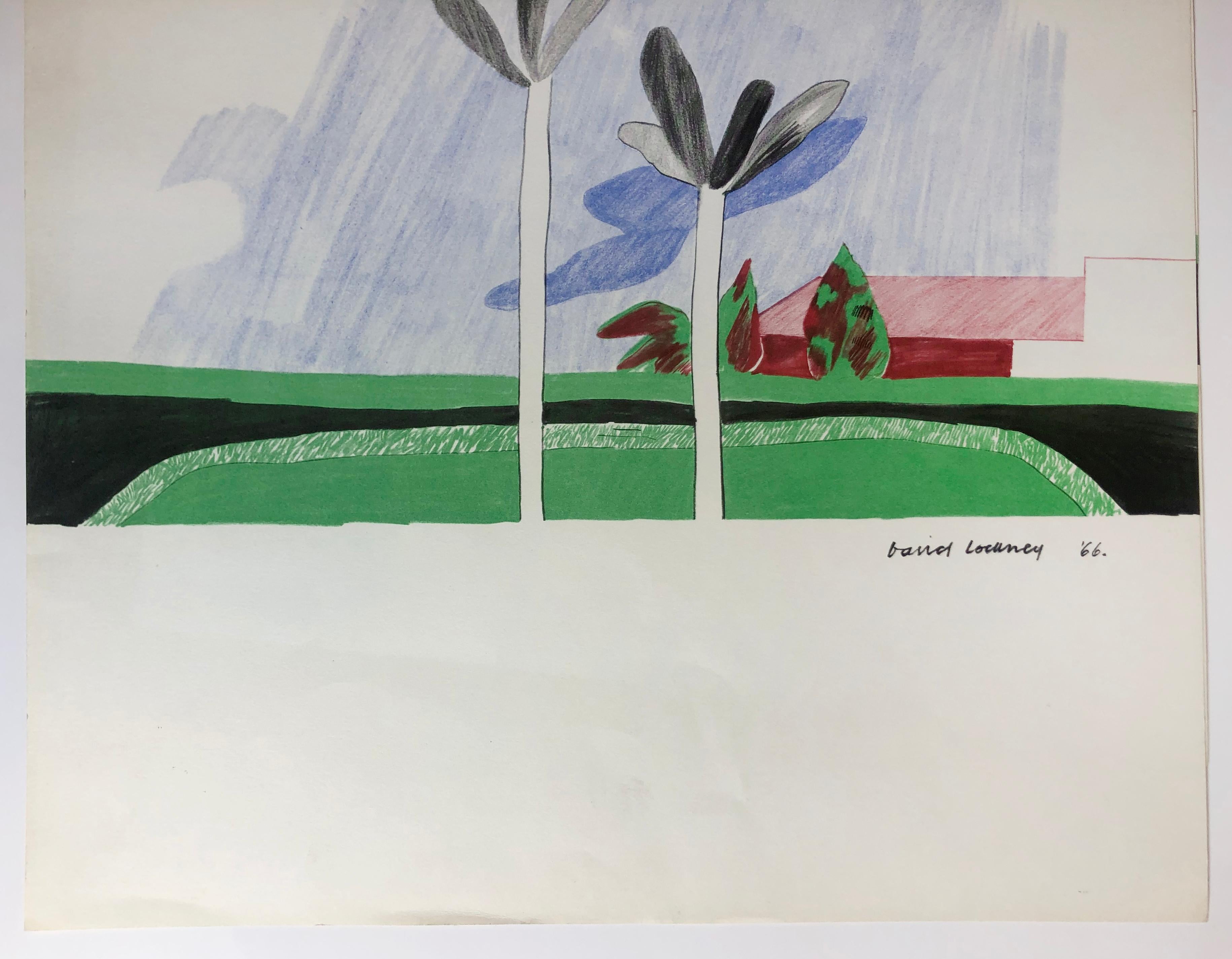 California Scene, David Hockney. Colorful palm tree landscape with blue sky 2