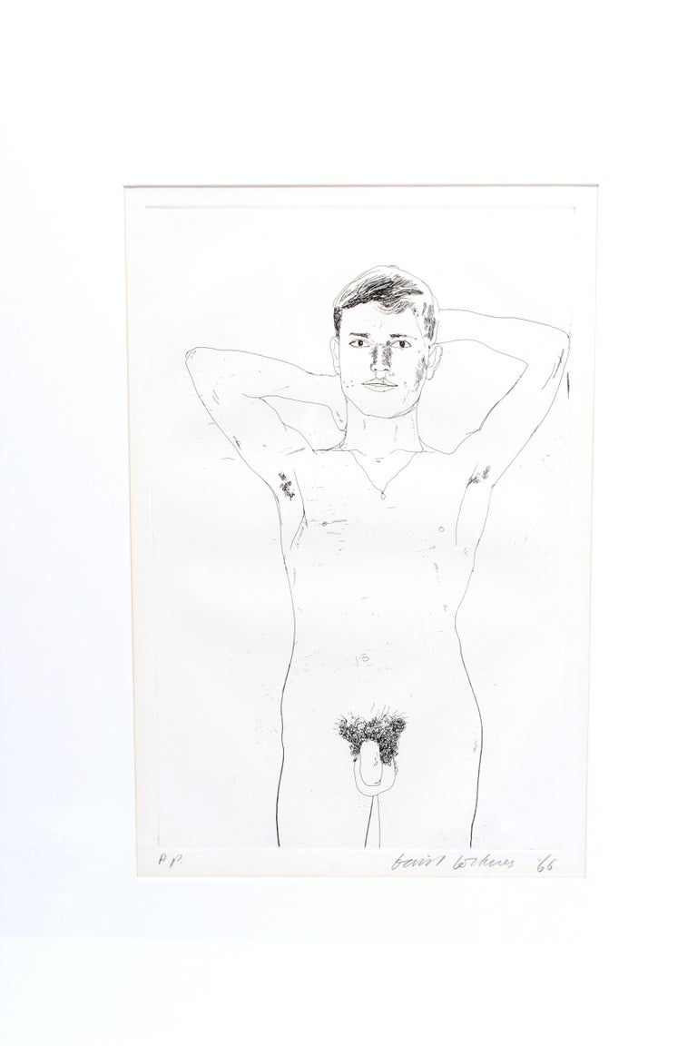 David Hockney Etching Nude Male 1966 Original Poems  - Gray Figurative Print by David Hockney