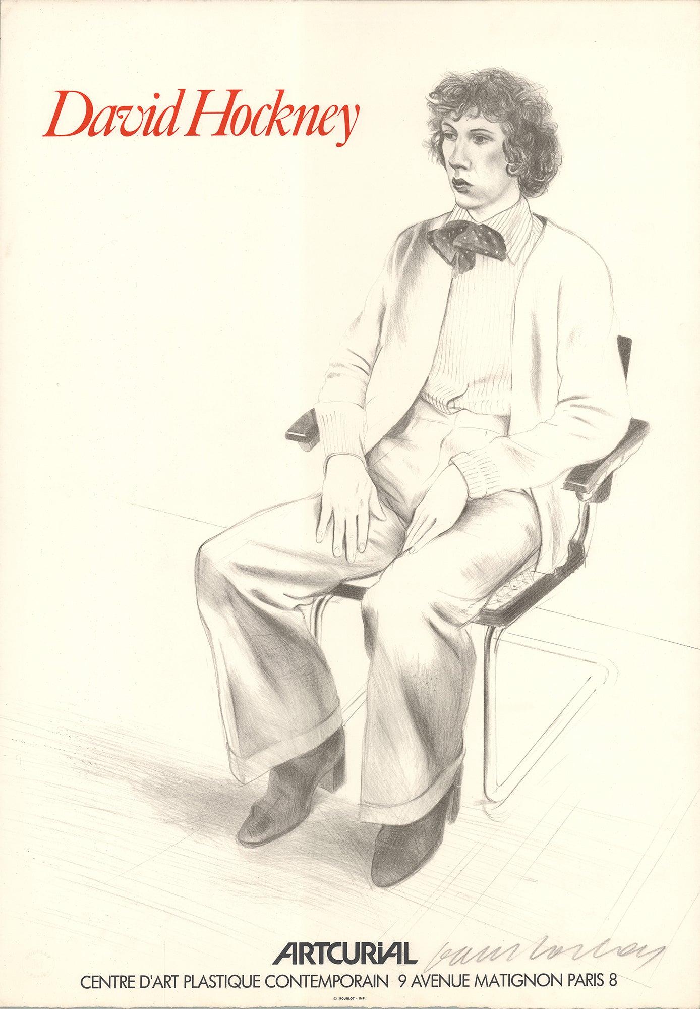This first release exhibition poster for David Hockney's show at Artcurial, Paris in 1979 features the artwork Gregory Evans, 1976. Referenced in Brian Baggott's Catalogue as ref. no. 57, this poster is printed on fine Creysse paper and features a