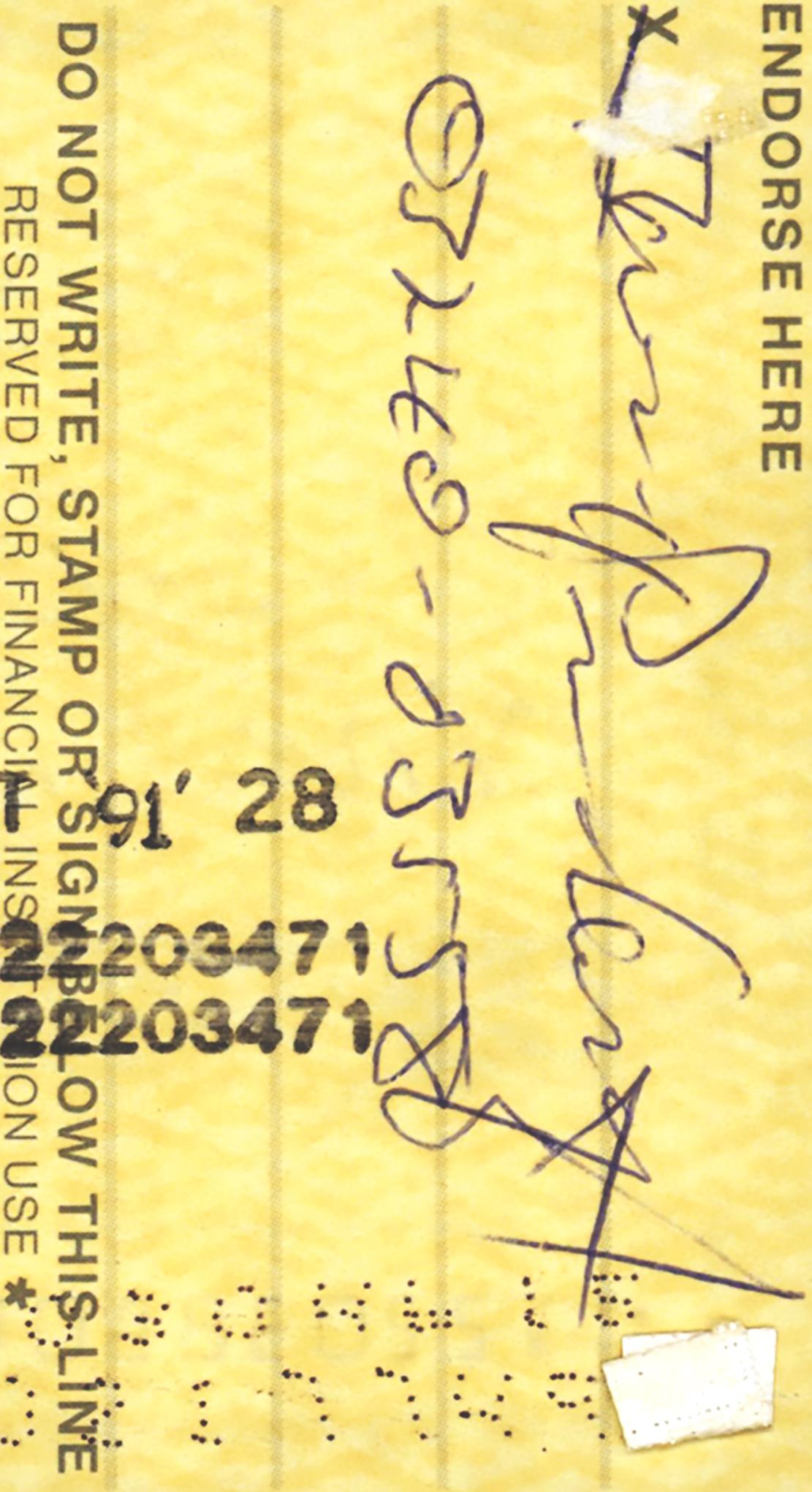 David Hockney signed check 1991:
A rare early 1990s hand-signed David Hockney bank check, to 