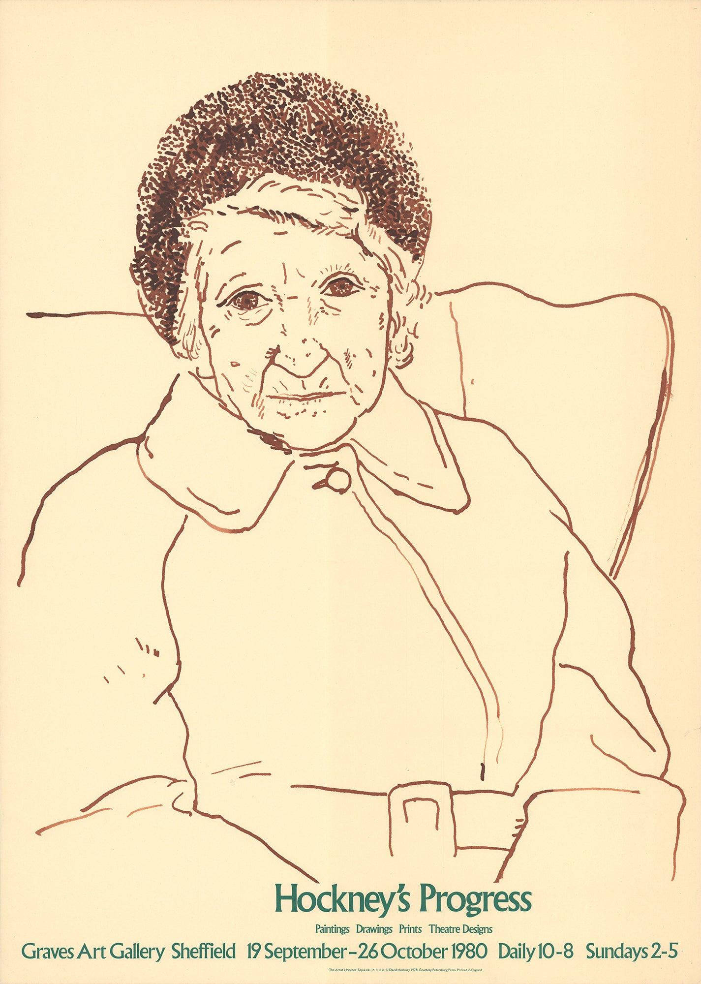 Este cartel de exposición original, titulado Un retrato de mi madre, fue creado para la exposición Progreso de Hockney, celebrada en la Galería de Arte Graves de Sheffield en 1980. La obra aparece con el n.º 73 en el catálogo de Brian Baggott. 73 en