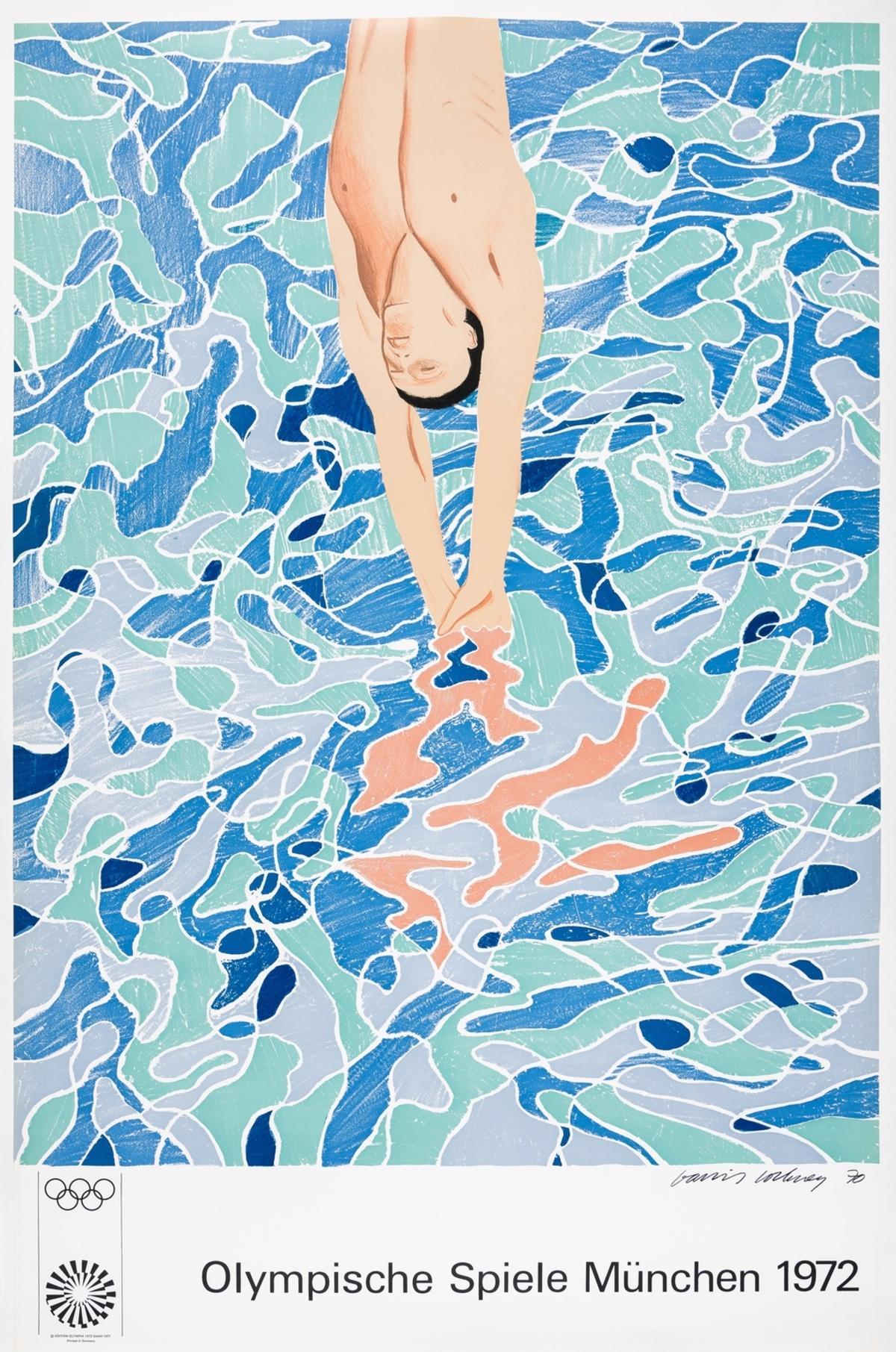 David Hockney (né en 1937)
Poste pour Olympische Spiele München, 1972 (Baggott 34)
Imprimé par Matthieu, Zurich, publié par Edition Olympia 1972 GmbH, Munich, sur papier vélin fin.
La feuille entière est imprimée sur les bords 
Feuille 101 x 64 cm