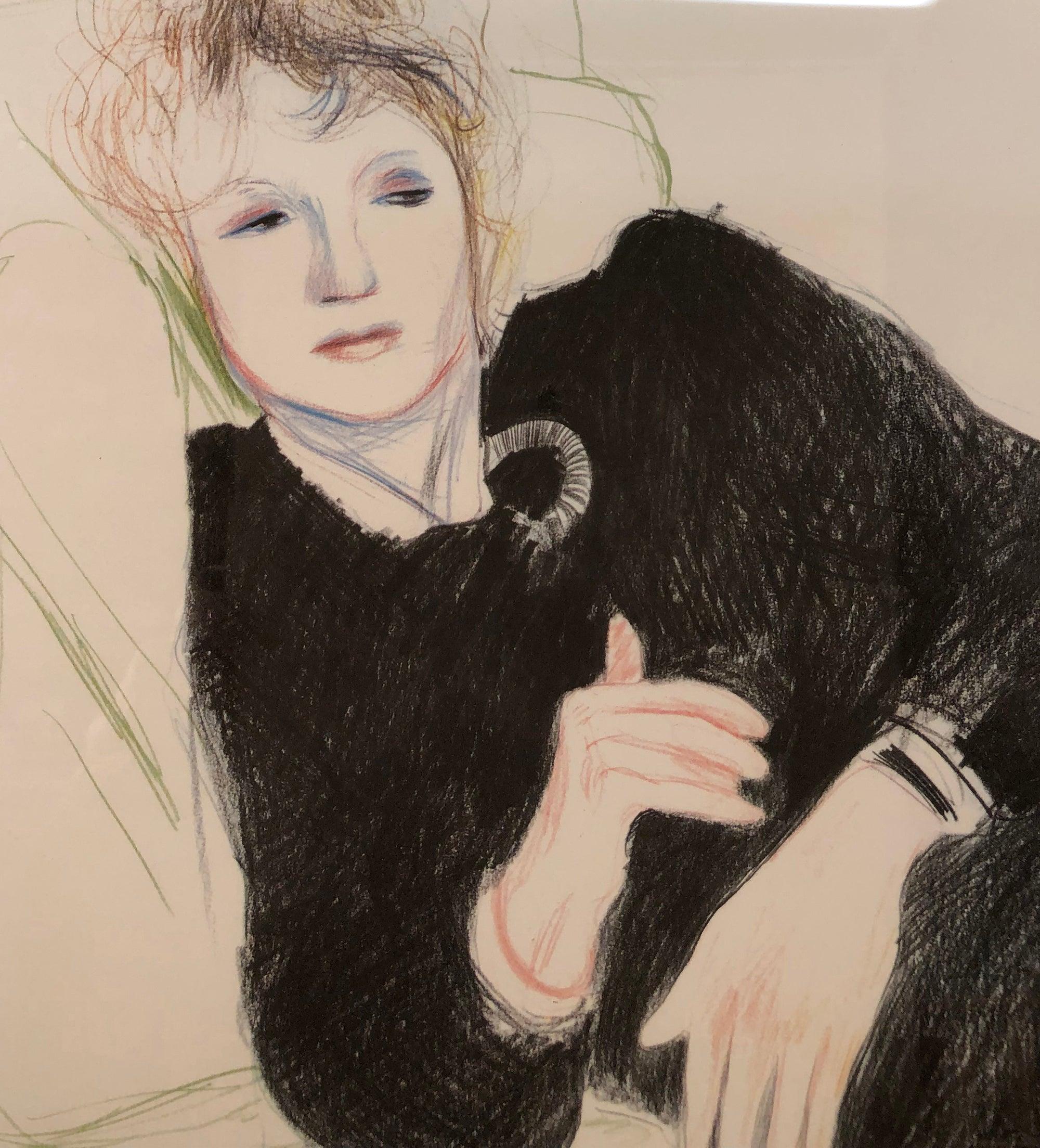 „Porträt von Celia in einem schwarzen Kleid mit farbigem Rand“ (Pop-Art), Print, von David Hockney