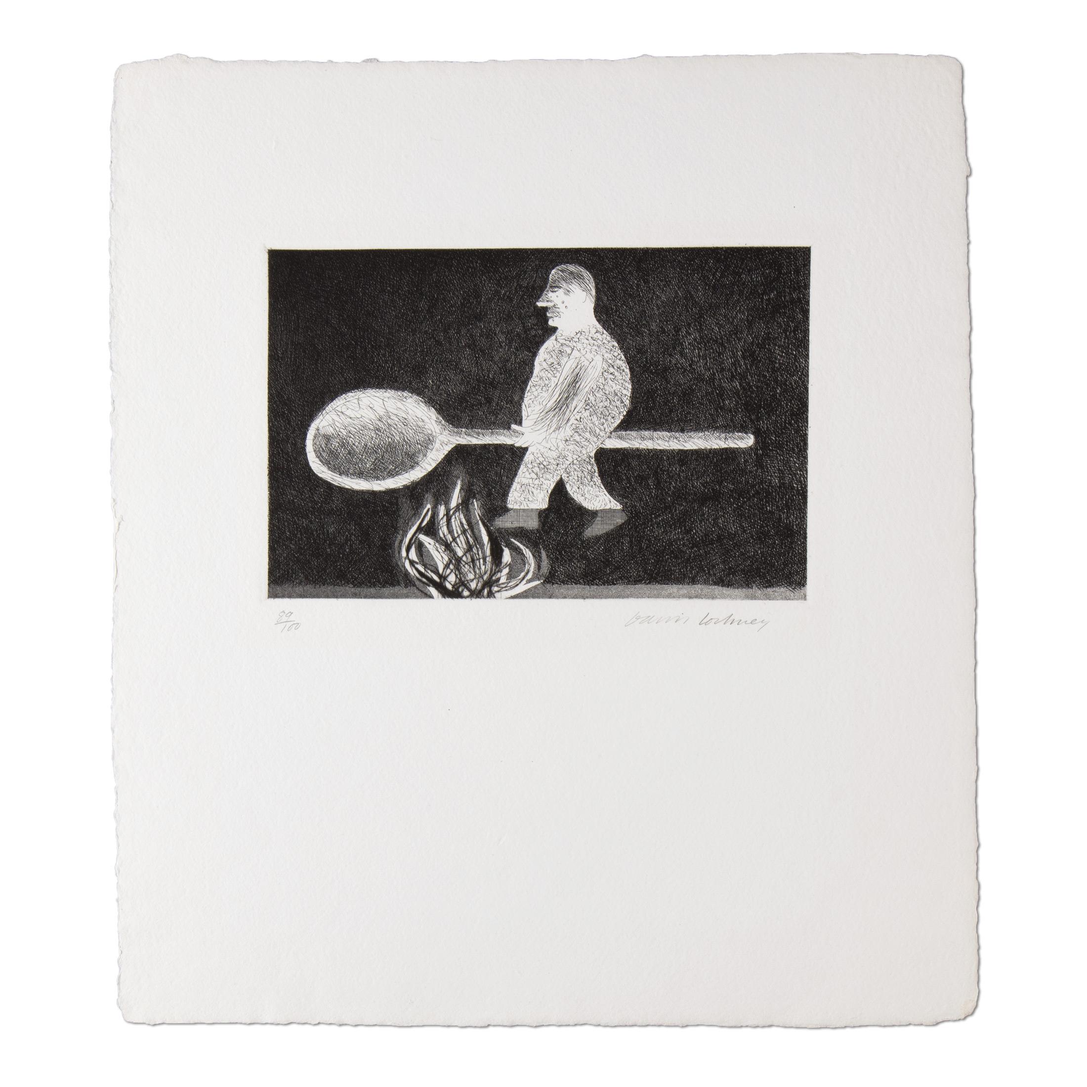 David Hockney (britannique, né en 1937)
La cuillère de cuisine, 1969
Série : Rumpelstilzchen (Six contes de fées des frères Grimm)
Moyen d
expression : Gravure et aquatinte sur papier fait main
Dimensions : 45,1 × 40,6 cm (17 3/4 × 16 in) : 45,1 ×