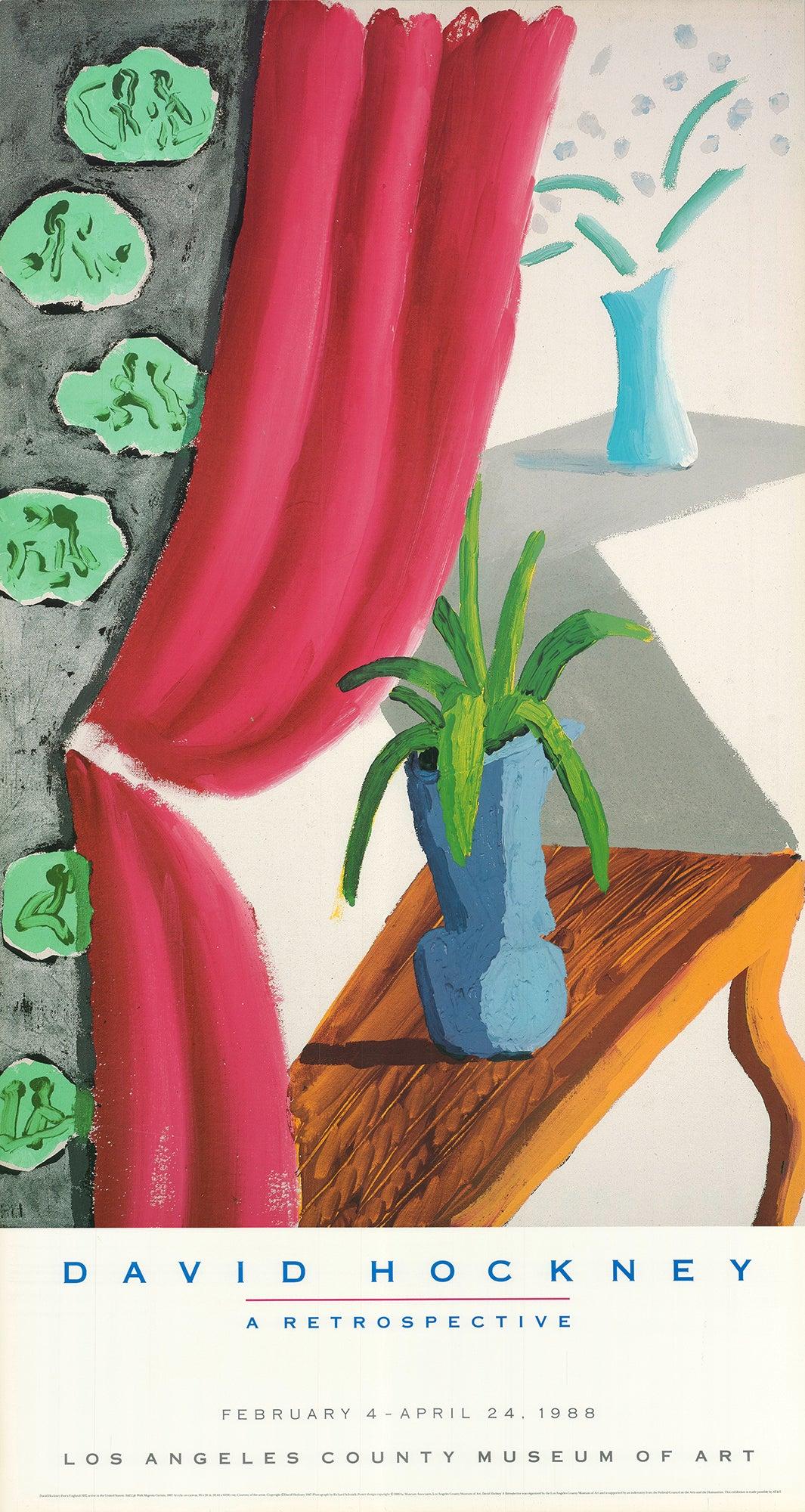 Original exhibition poster created for David Hockney’s major retrospective at the Los Angeles County Museum of Art. The poster reproduces Hockney’s Still Life with Magenta Curtain, a work that reflects his vibrant use of color and bold compositional