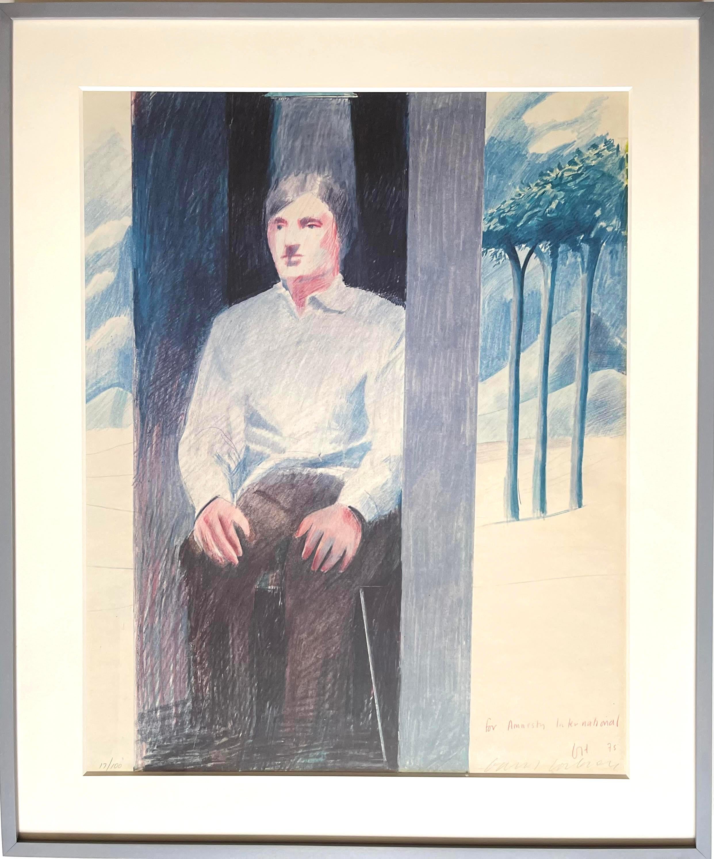 David Hockney
The Prisoner, for Amnesty International, 1977
Color Offset Lithograph
Hand signed, numbered 17/100 and inscribed by the artist on the lower right front
Elegant hand made frame with UV plexiglass included
This color offset vintage