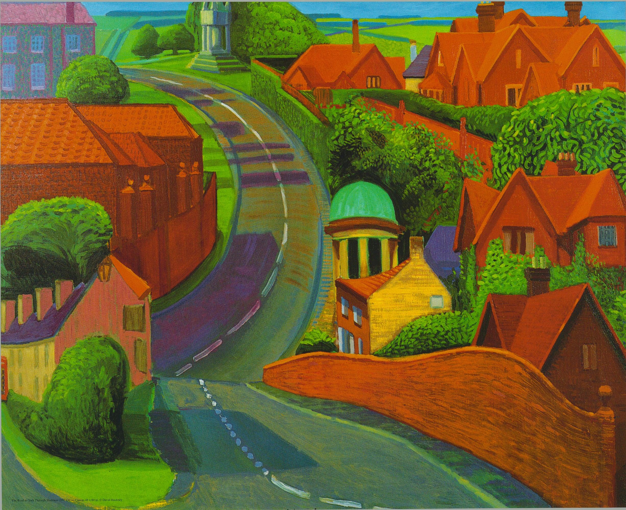 Dans The Road to York Through Sledmere, David Hockney transforme une scène familière du Yorkshire en quelque chose de lumineux et de presque enchanté. La brique rouge brillante des bâtiments entourant Brilliante House resplendit de chaleur, tandis