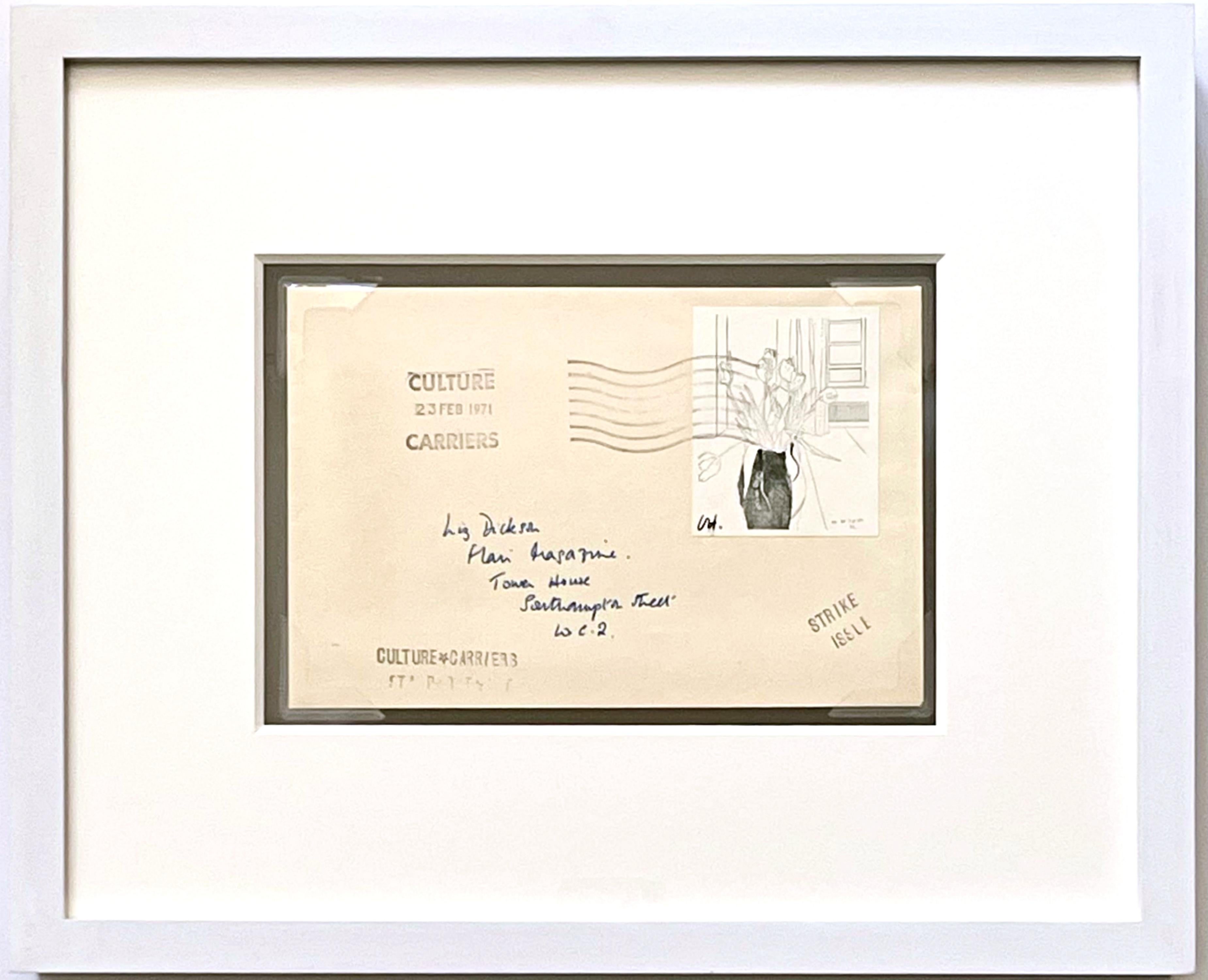 From the famous 1971 British postal workers strike - historic
Lithograph mounted on franked envelope of wove paper 
The Post Office Worker's Strike Commemoration Stamps
Limited Edition of 250
Signed in ink with his initials (DH) by David Hockney on